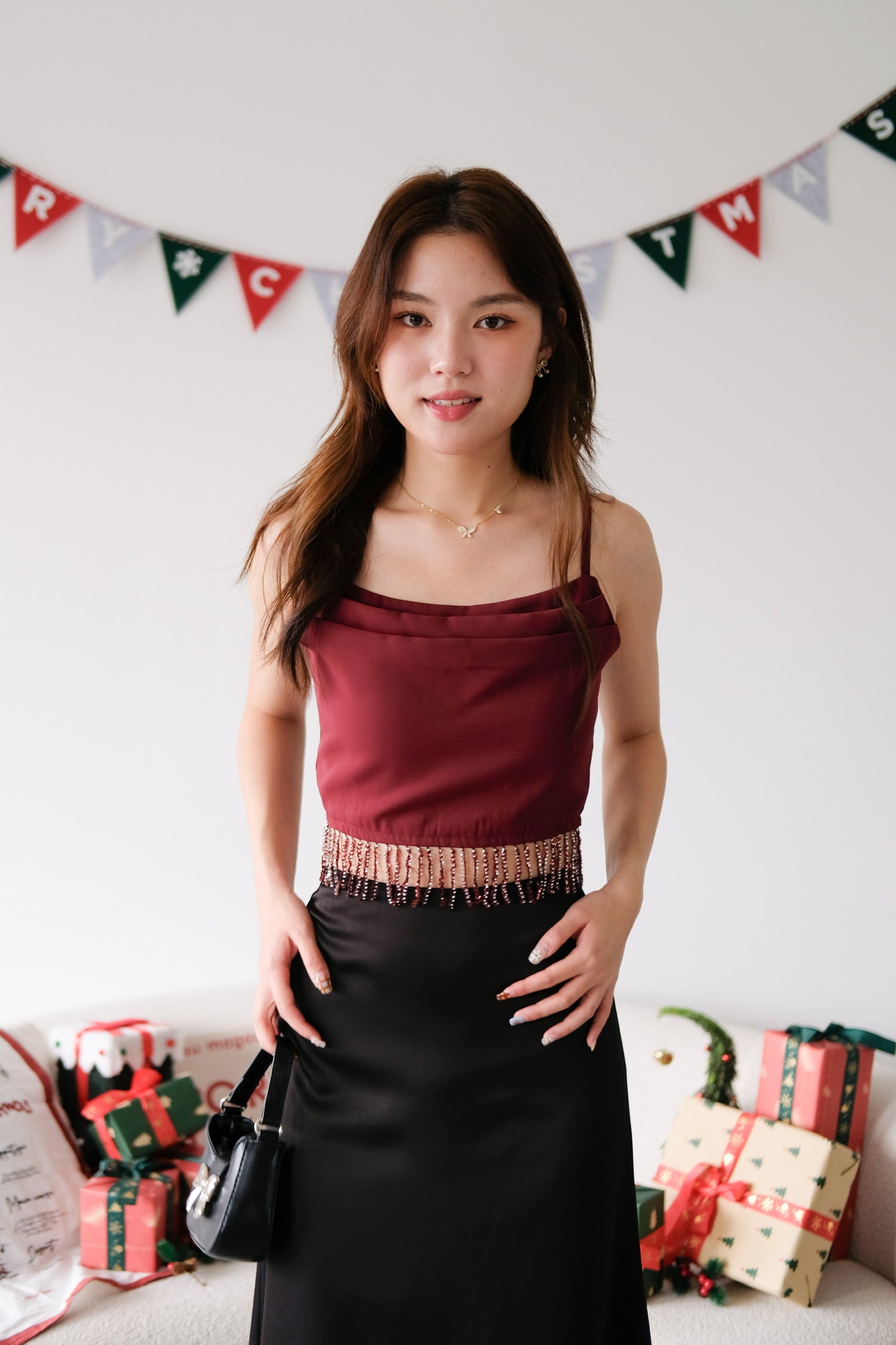 Amaria Embellished Tassel Crop Top (Maroon)