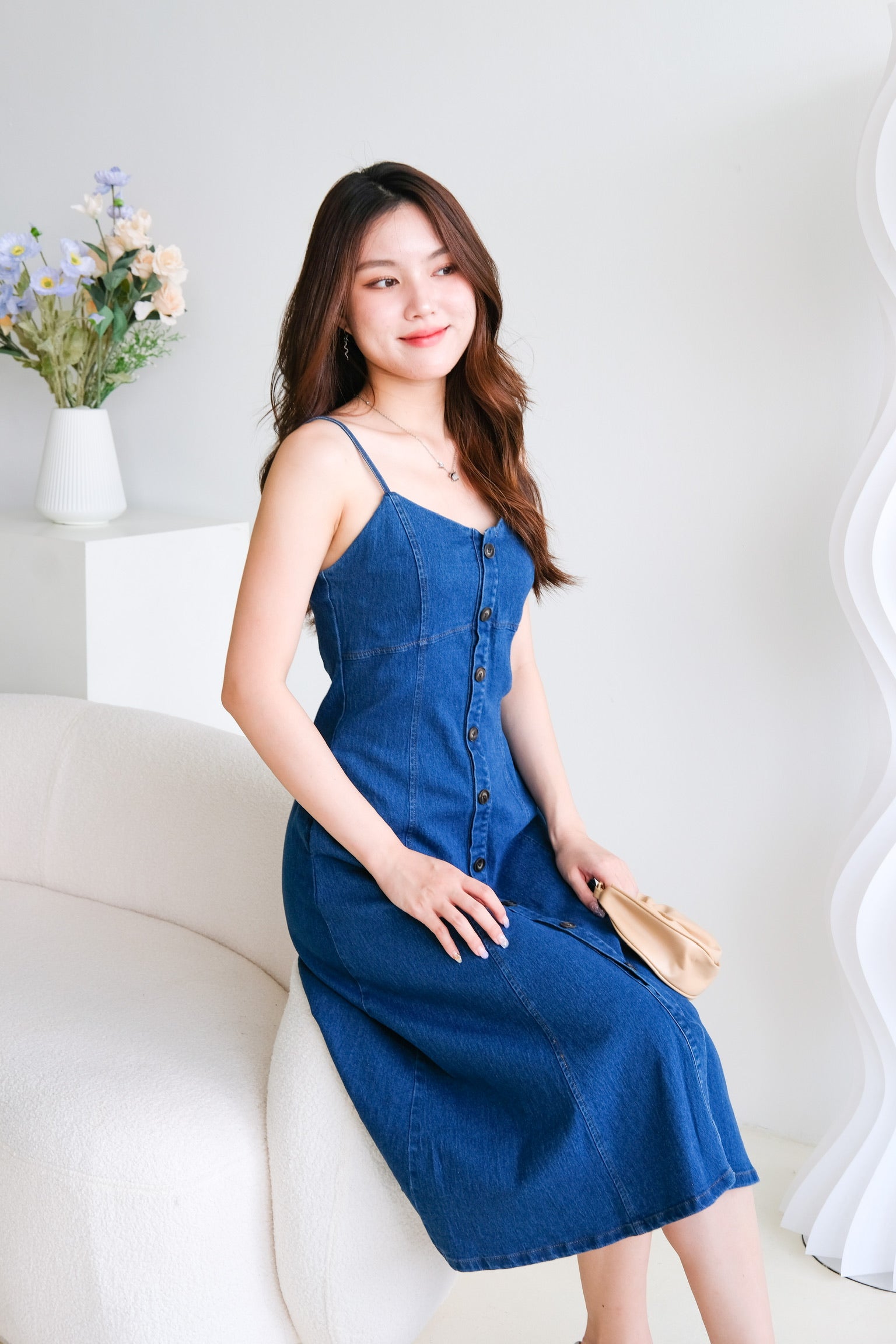 Alyssa Buttoned Denim Dress (Dark Blue)