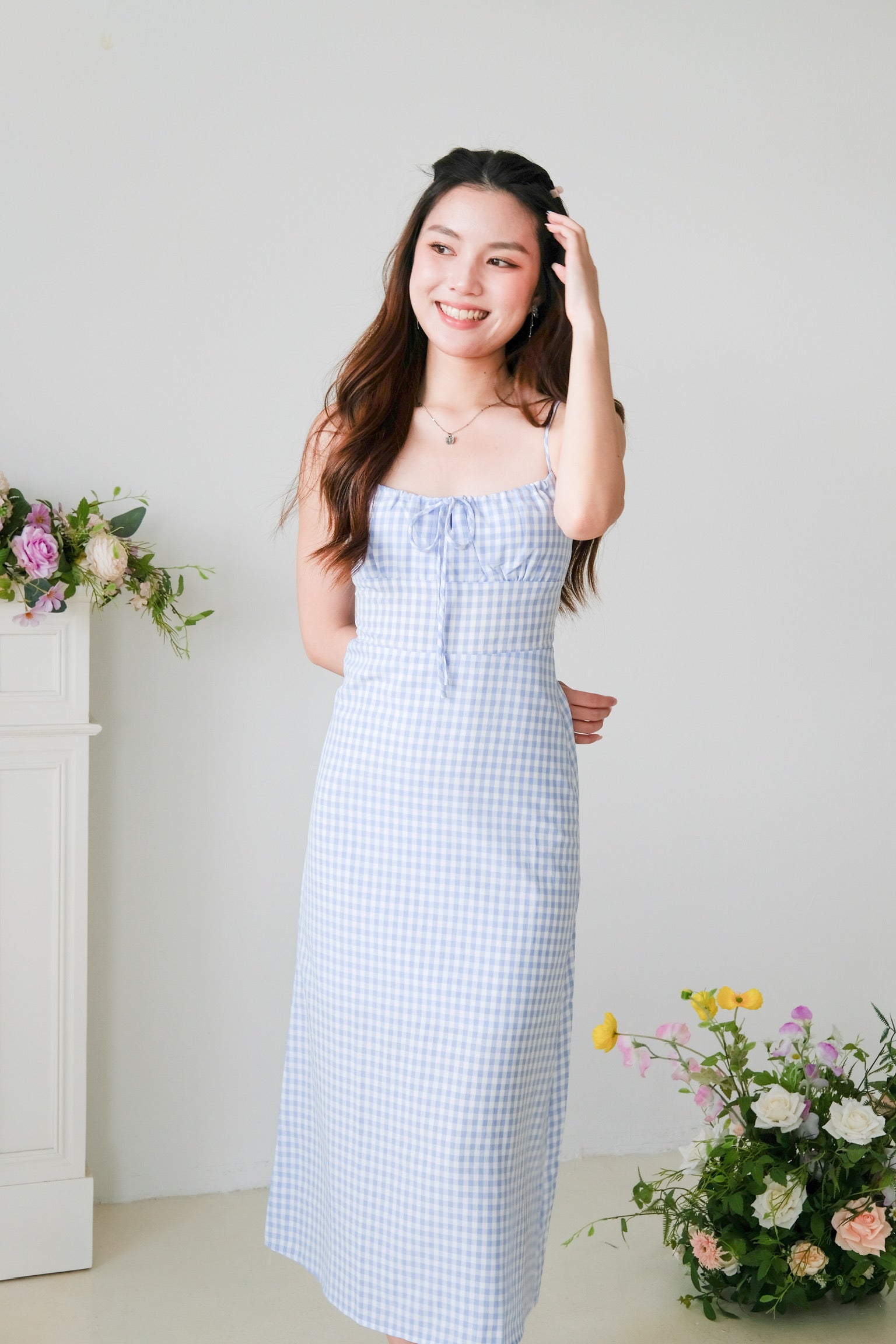 Veronnie Ruched Plaid Midi Dress (Blue)