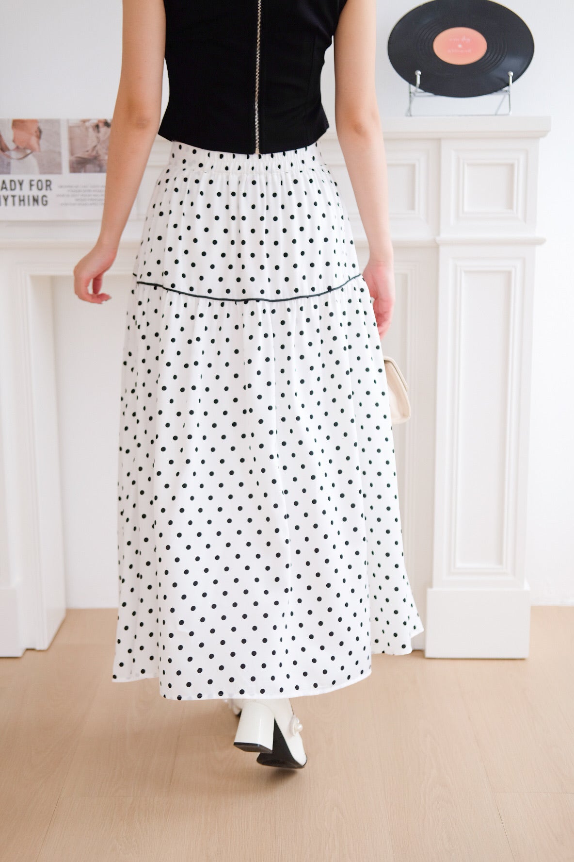 Alva Vintage Contrast A Line Skirt (Polka White)