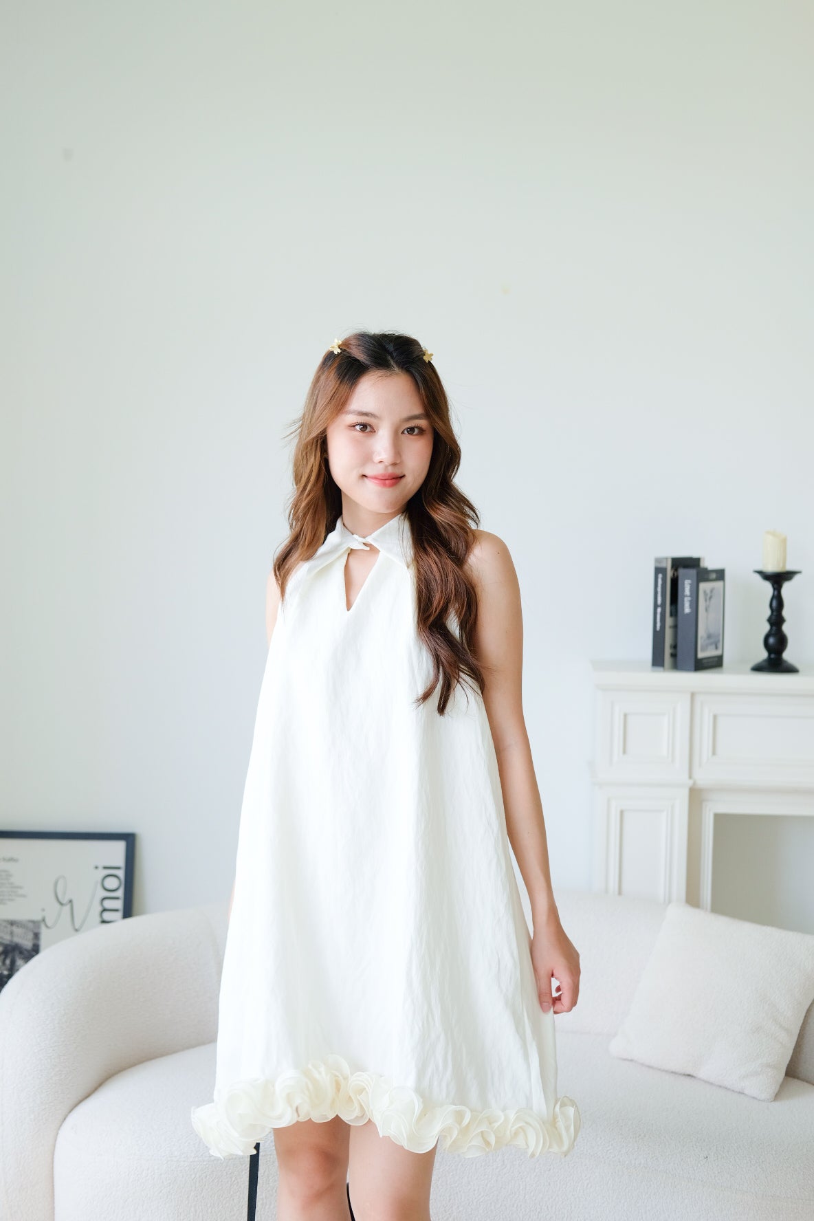 Natasha Collared Ruffle Loose Dress (Cream)