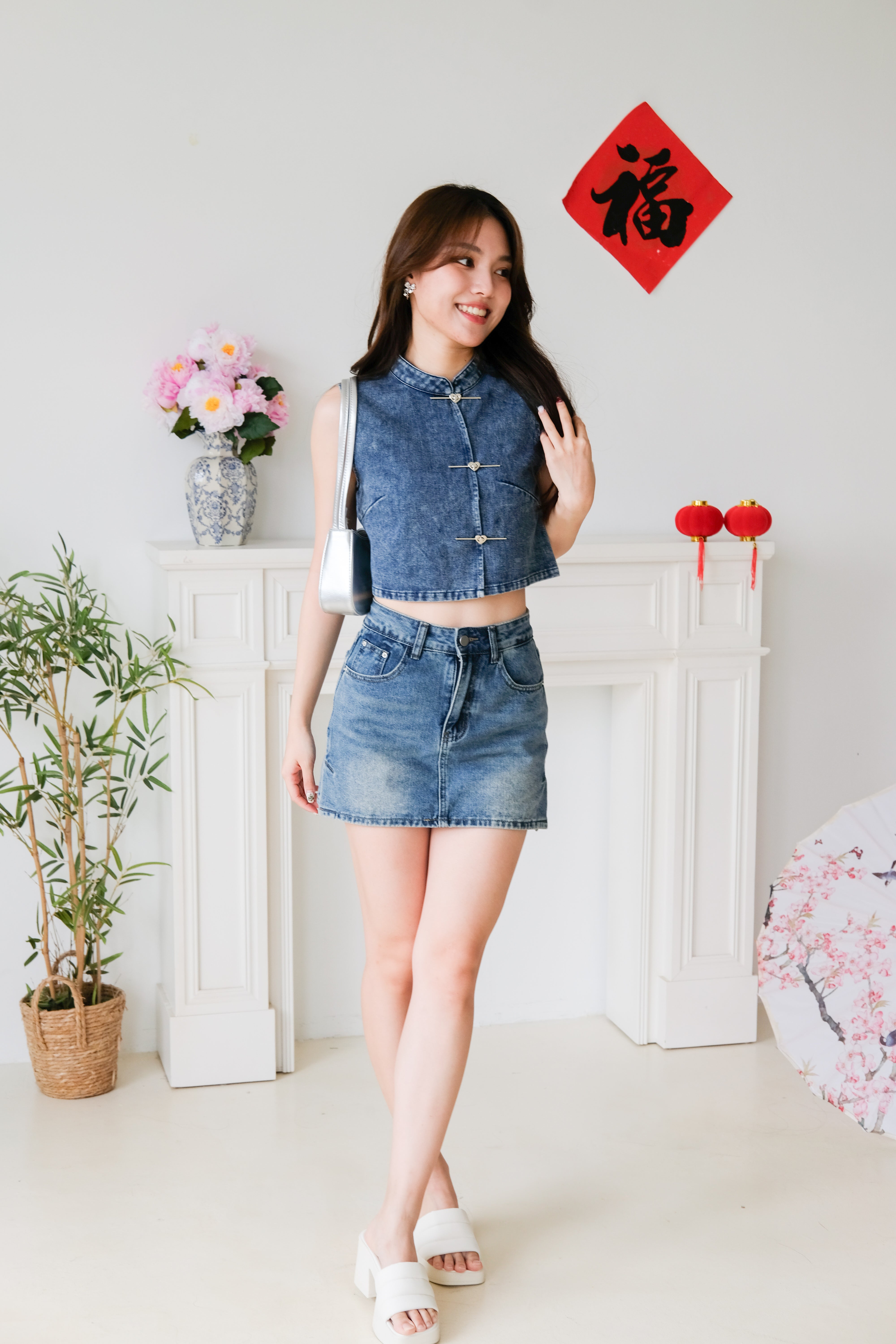 Andrea Denim Cheongsam Crop (Dark Blue)