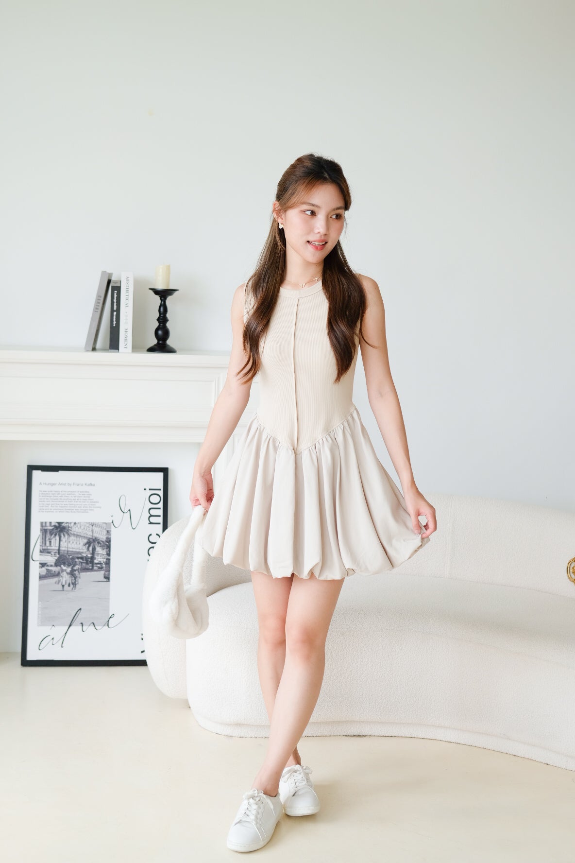 Carmen Ribbed Bubble Dress (Ecru)