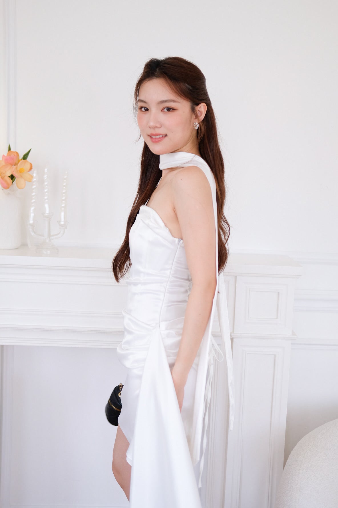 Gabriella Ruched Tube Satin Mini Dress (White)
