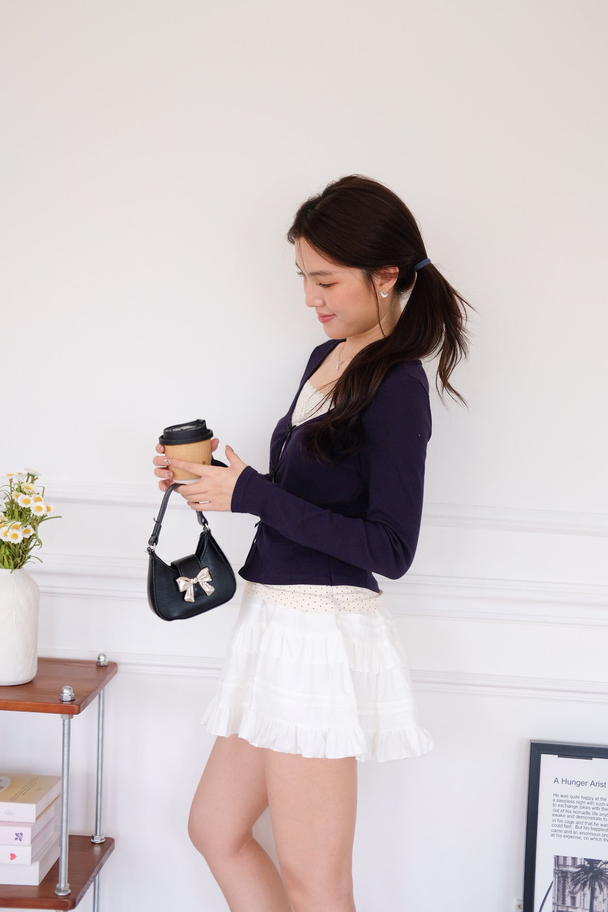 Ahyeon Contrast Polka Long Sleeve Top (Navy Blue)