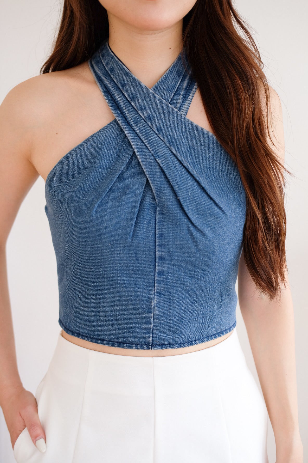 Veda Padded Halter Denim Crop Top (Dark Denim) [ ETA 16 Oct ]