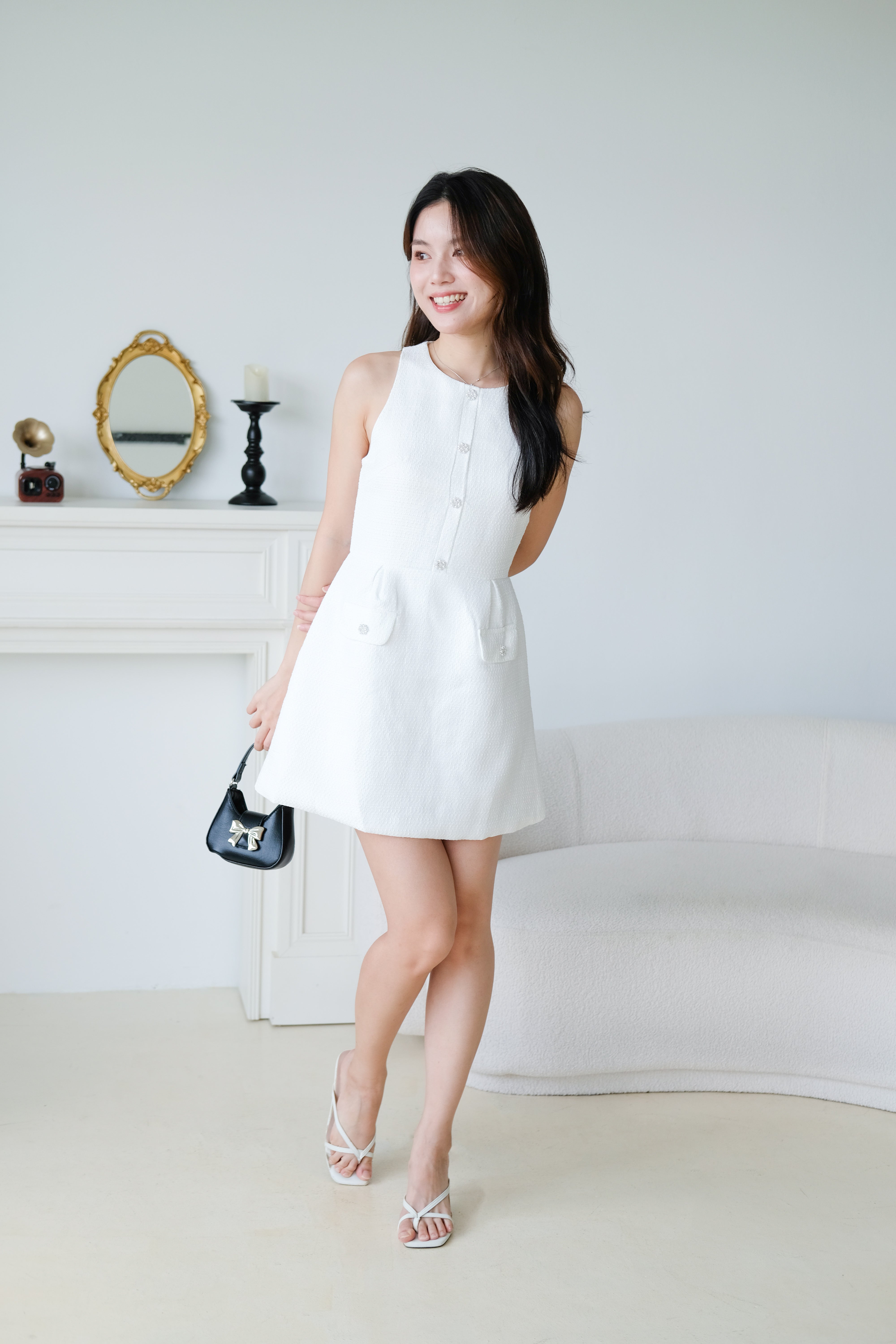 Pearly Tweed Halter Dress (White)
