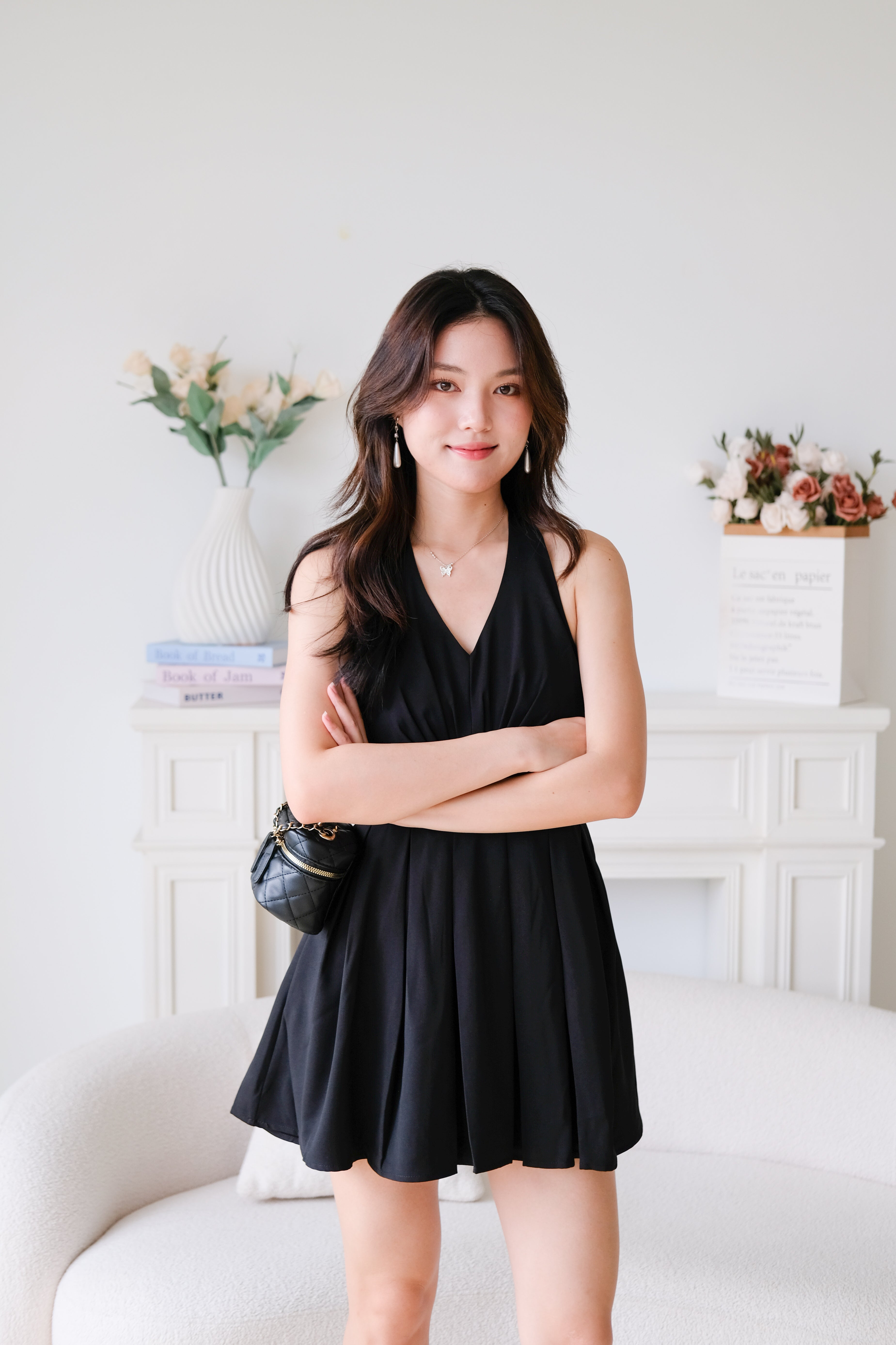 Moon Halter Pleat Dress (Black)