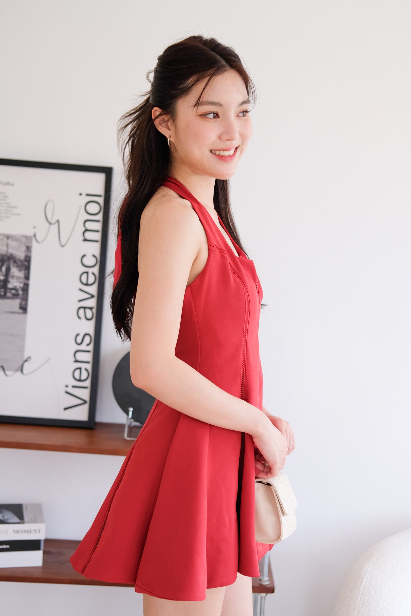 Violette Self Tie Halter Skater Dress (Red)