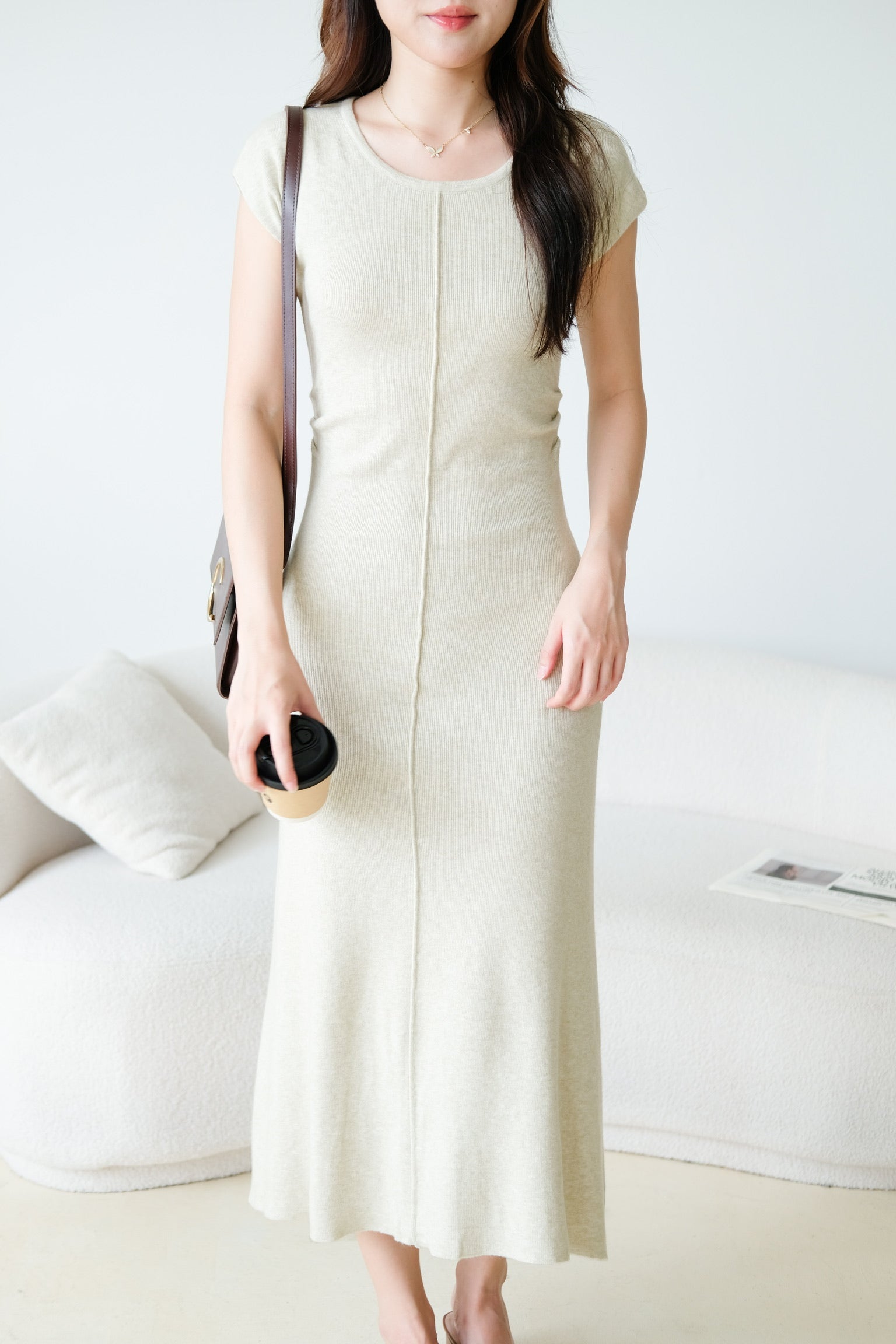 Samantha Crew Neck Knit Maxi Dress (Wheat Beige)