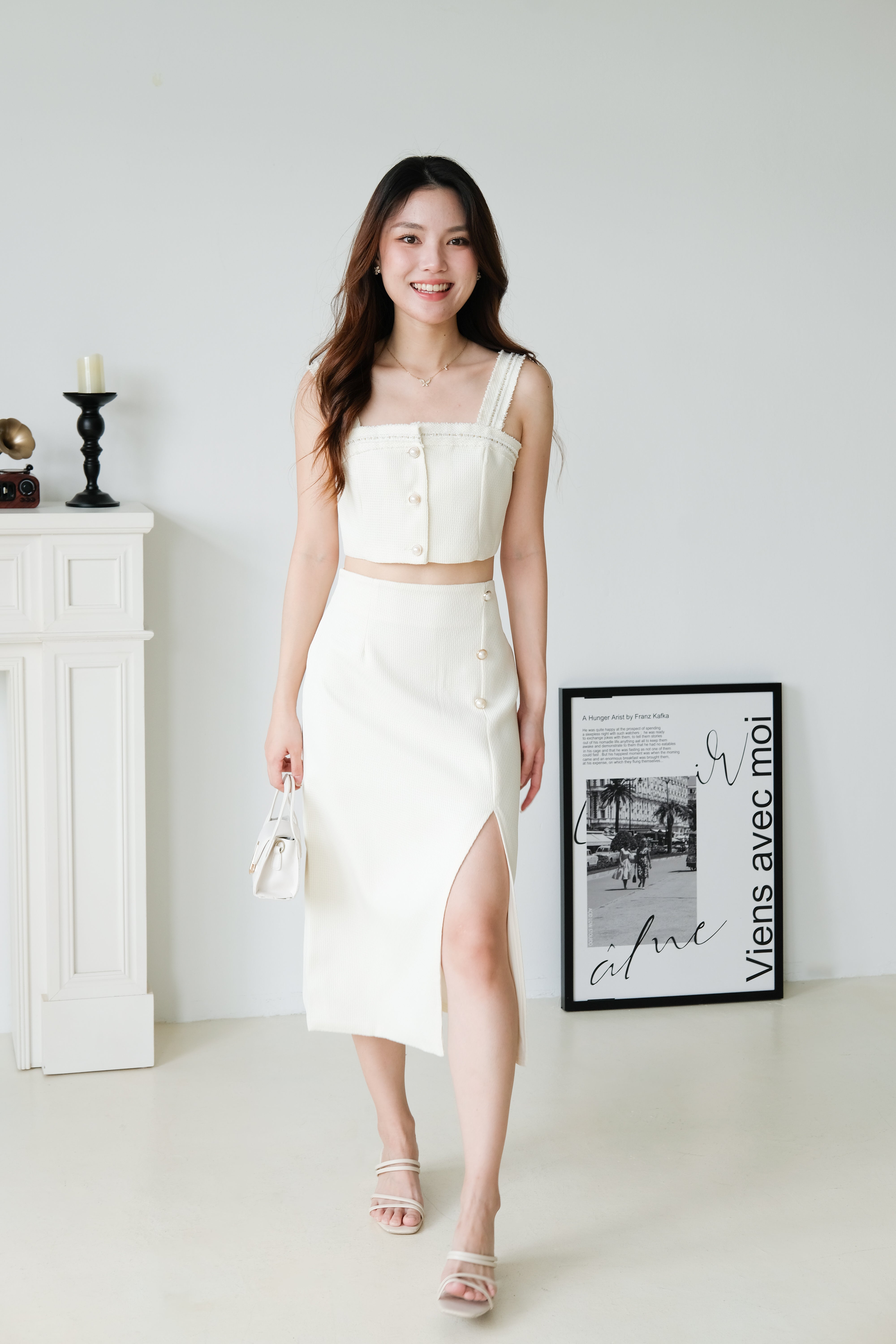 Jillian Tweed Side Slit Midi Set (Cream)