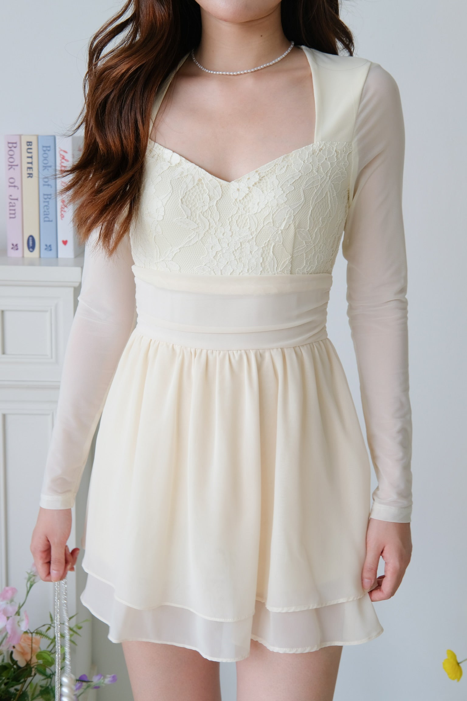 Casslene Long Sleeves Lace Dress (Pale Yellow)