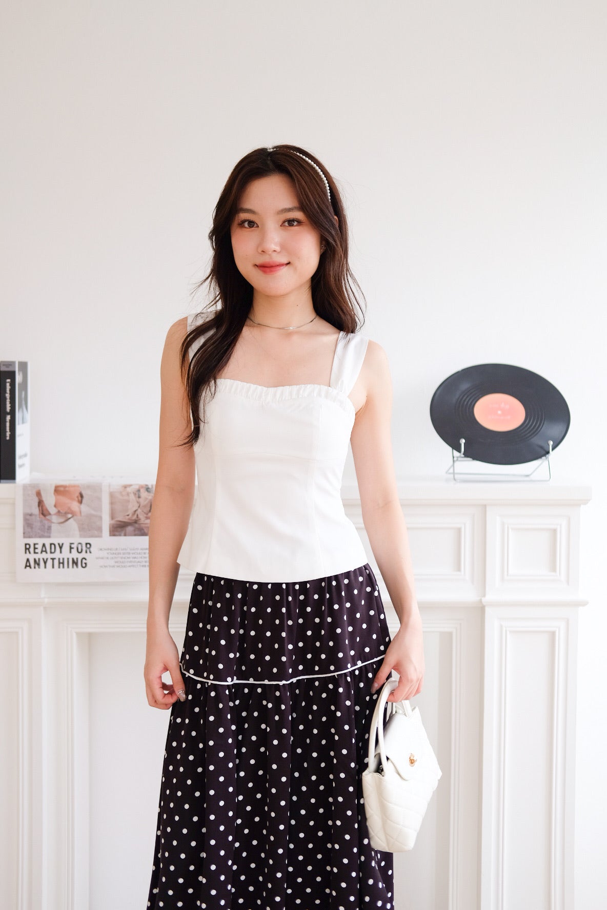 Alva Vintage Contrast A Line Skirt (Polka Black)