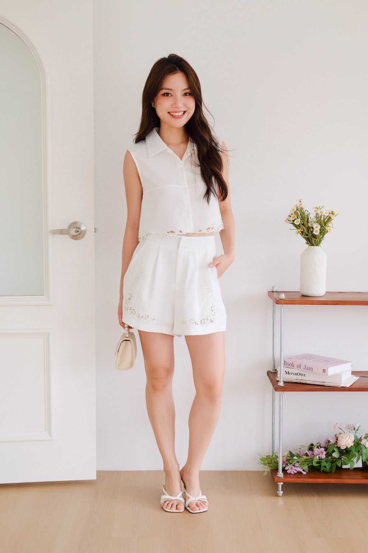 Petrina Eyelet Collared Set (White)
