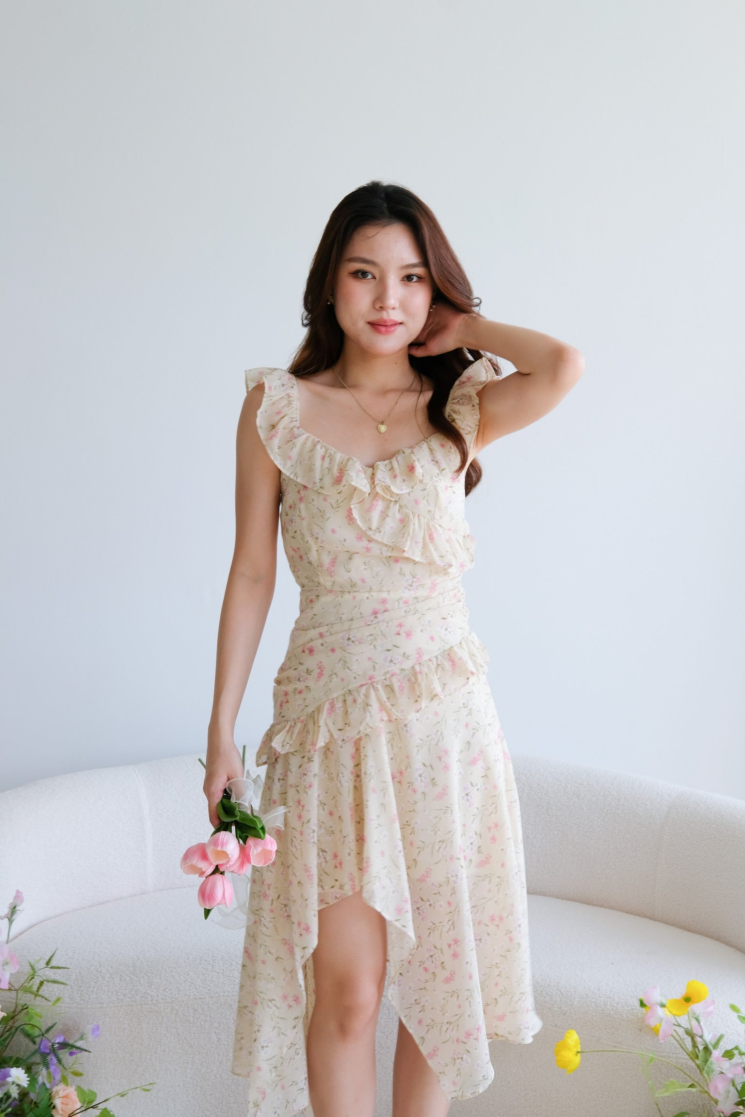 Wendy Ruffle Floral Asymmetric Dress (Oat Beige)