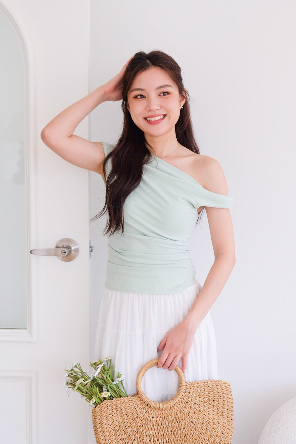 Deborah One Shoulder Ruched Top (Glacial Green)