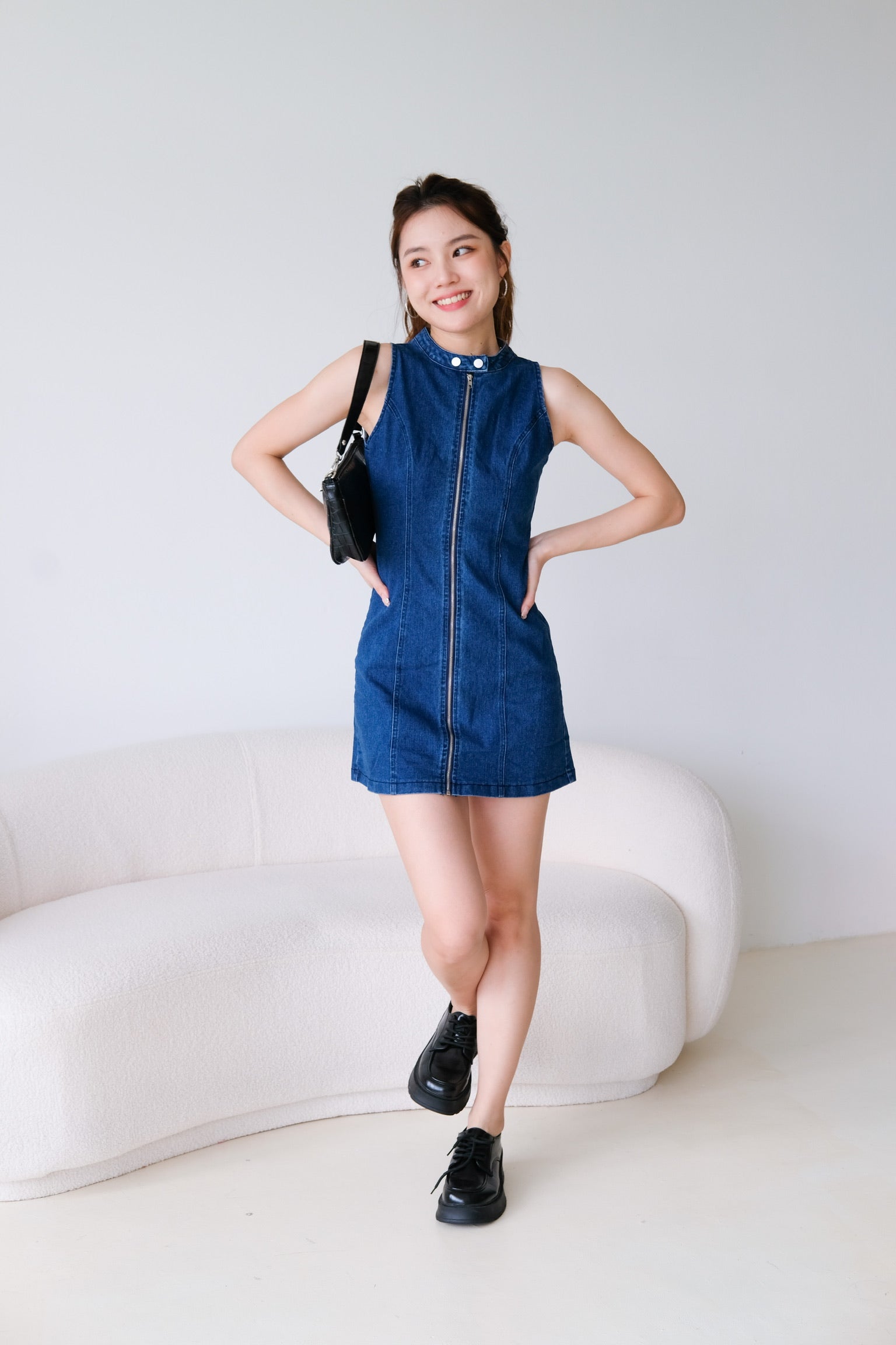 Joee High Neck Denim Dress (Dark Denim)