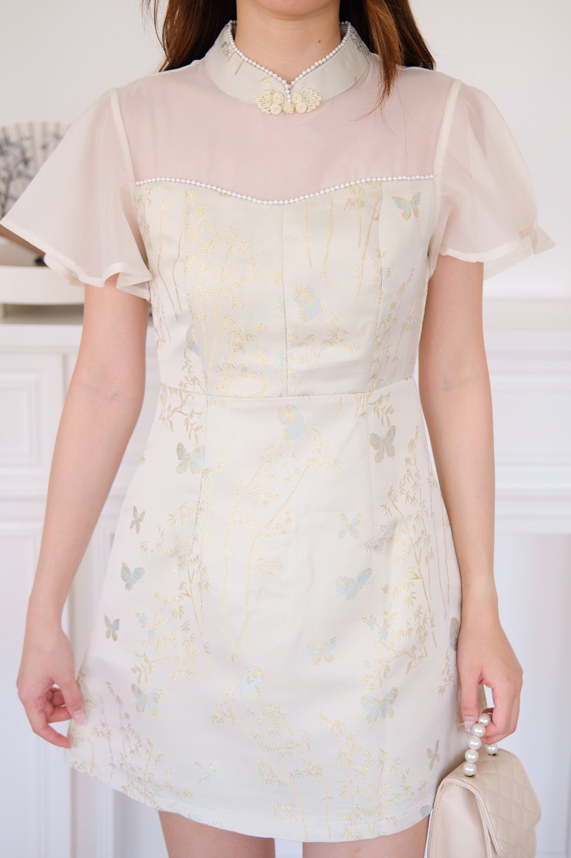 蝶梦 Butterfly Flutter Pearl Cheongsam Dress (Cream)