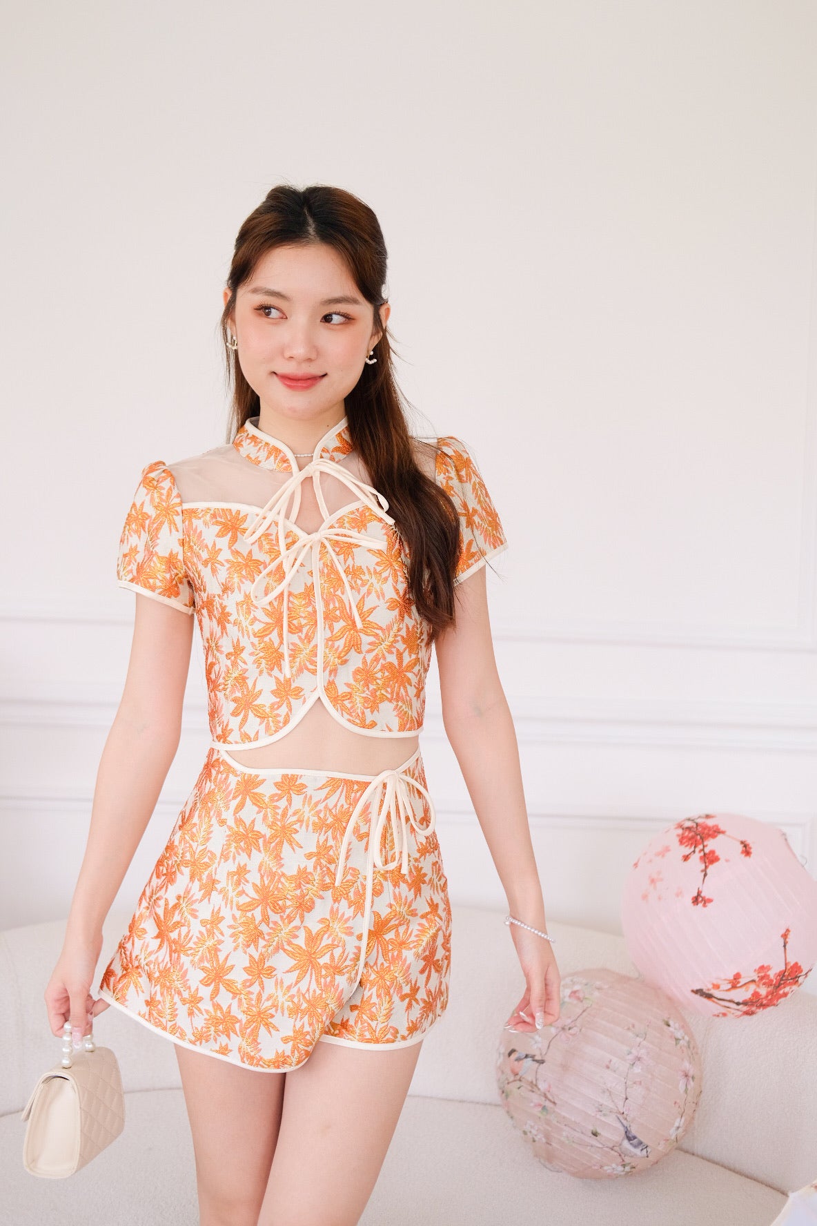 财源滚滚 Fortune Ribbon Floral Cheongsam Set (Tangerine)
