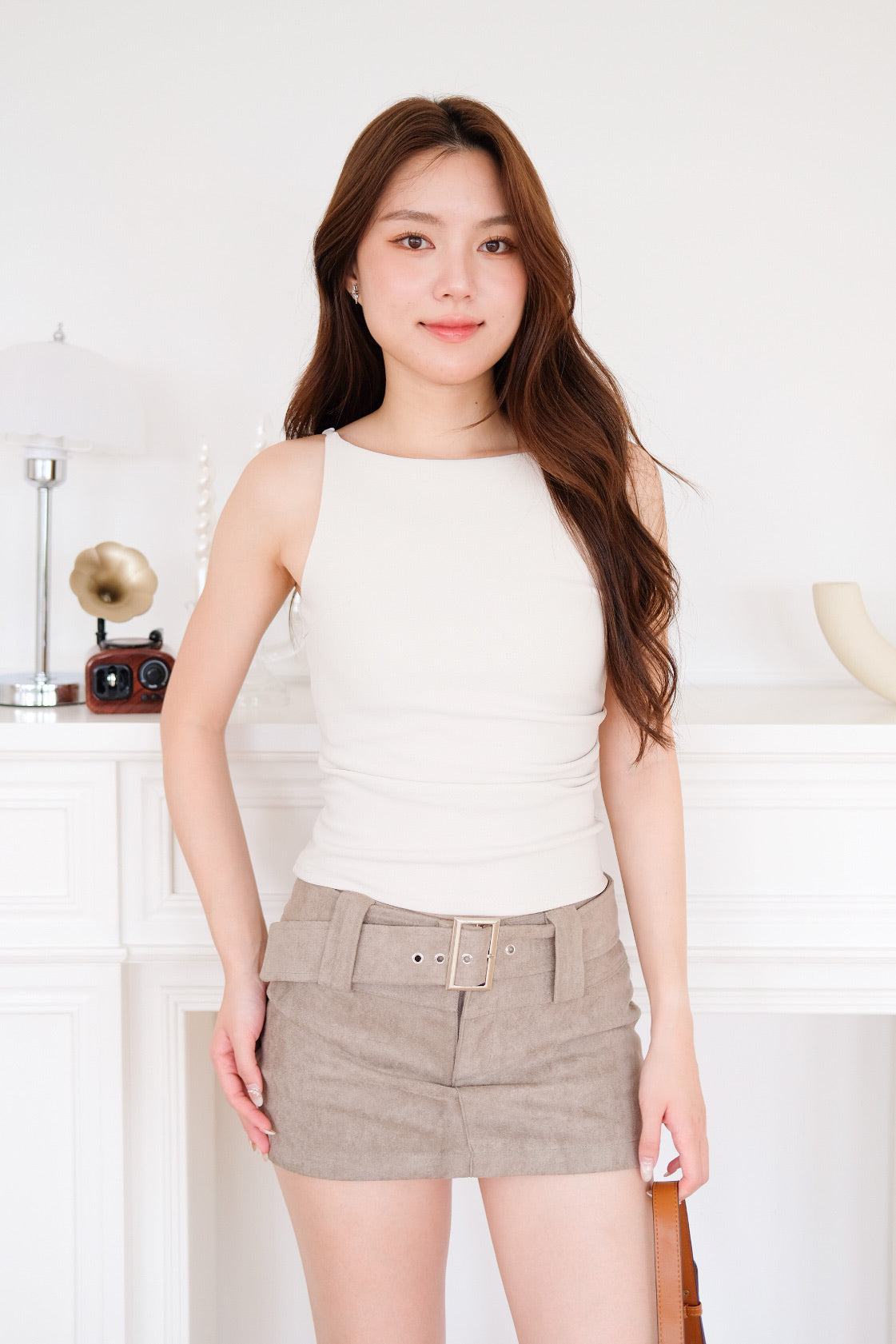Elodie Boatneck Ruched Top (Oat Beige)