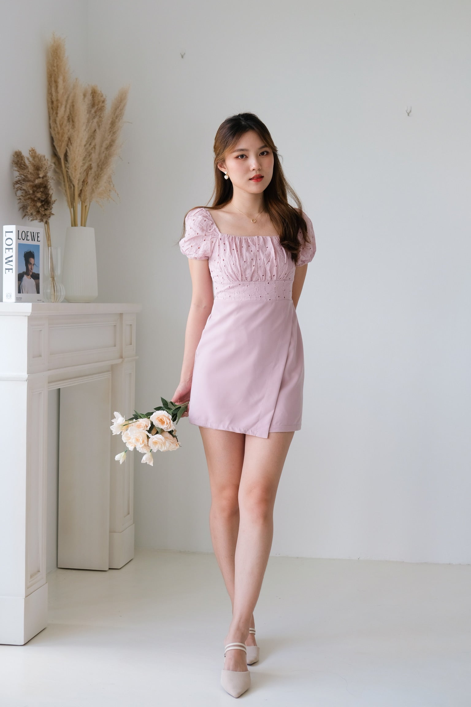 Kathryn Crochet Ruched Dress (Dusty Pink)