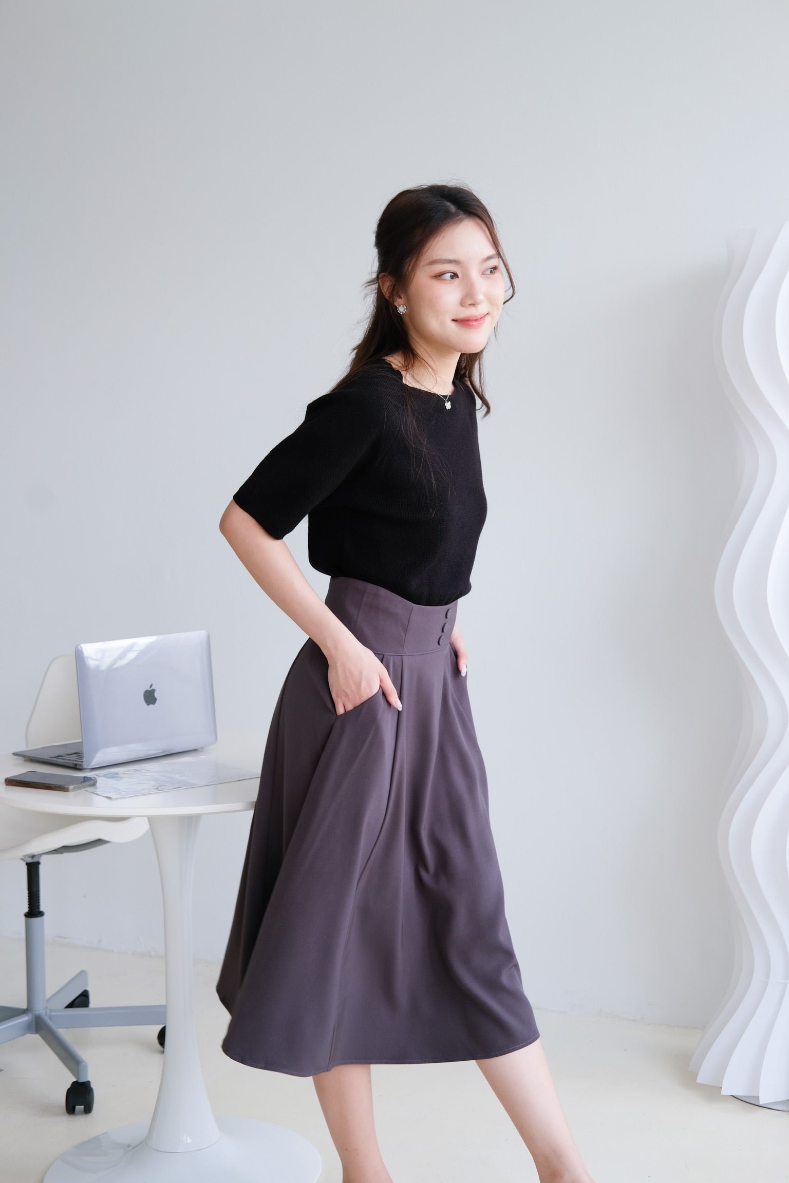 Donna Pocket A Line Midi Skirt (Steel grey)