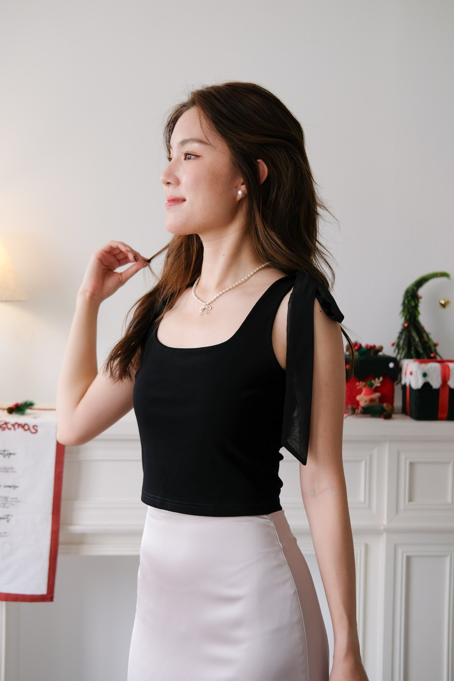 Bridget Self Tie Ribbon Crop Top (Black)