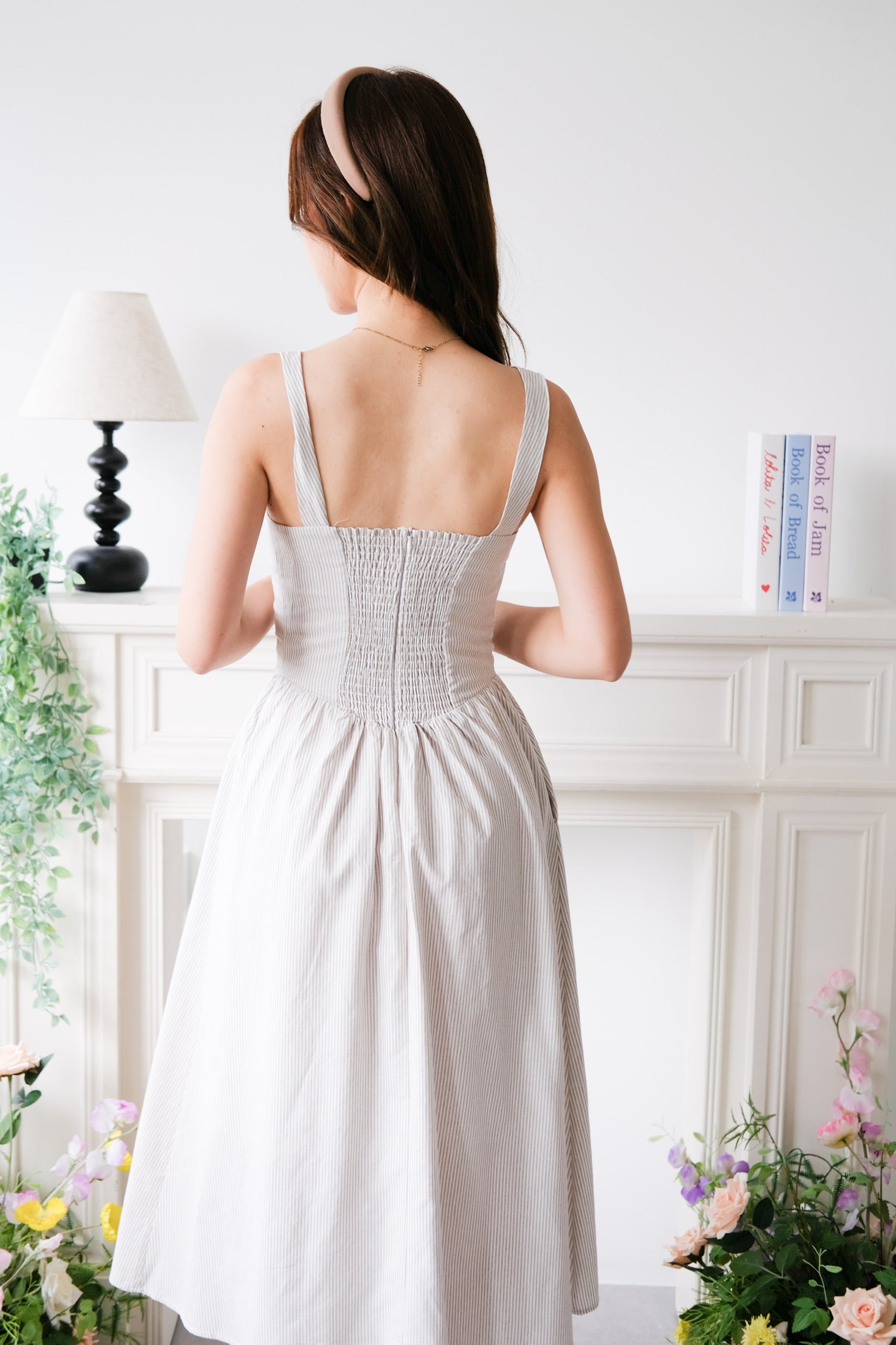 Carmie Thick Waist Midaxi Dress (Beige Stripes)