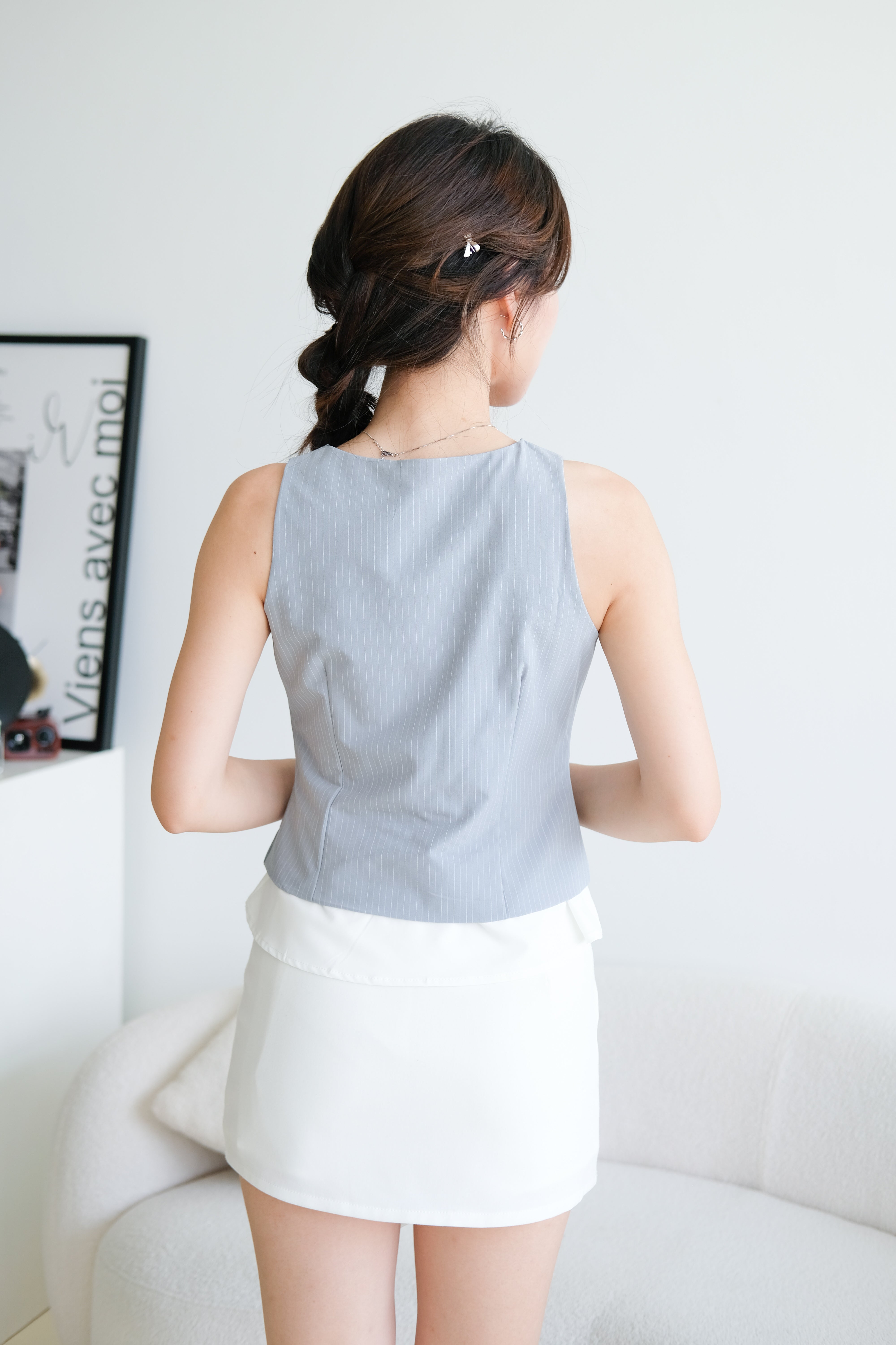 Veen Pinstripe Contrast Vest Top (Dusty Blue)