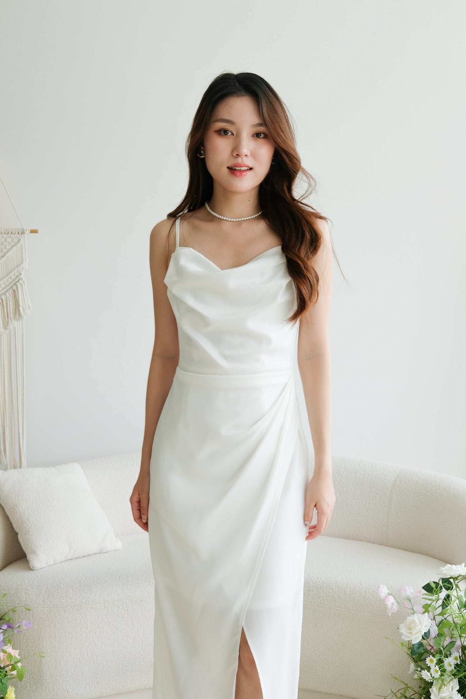 Sheryl Draped Satin Maxi Dress (Pearl White)