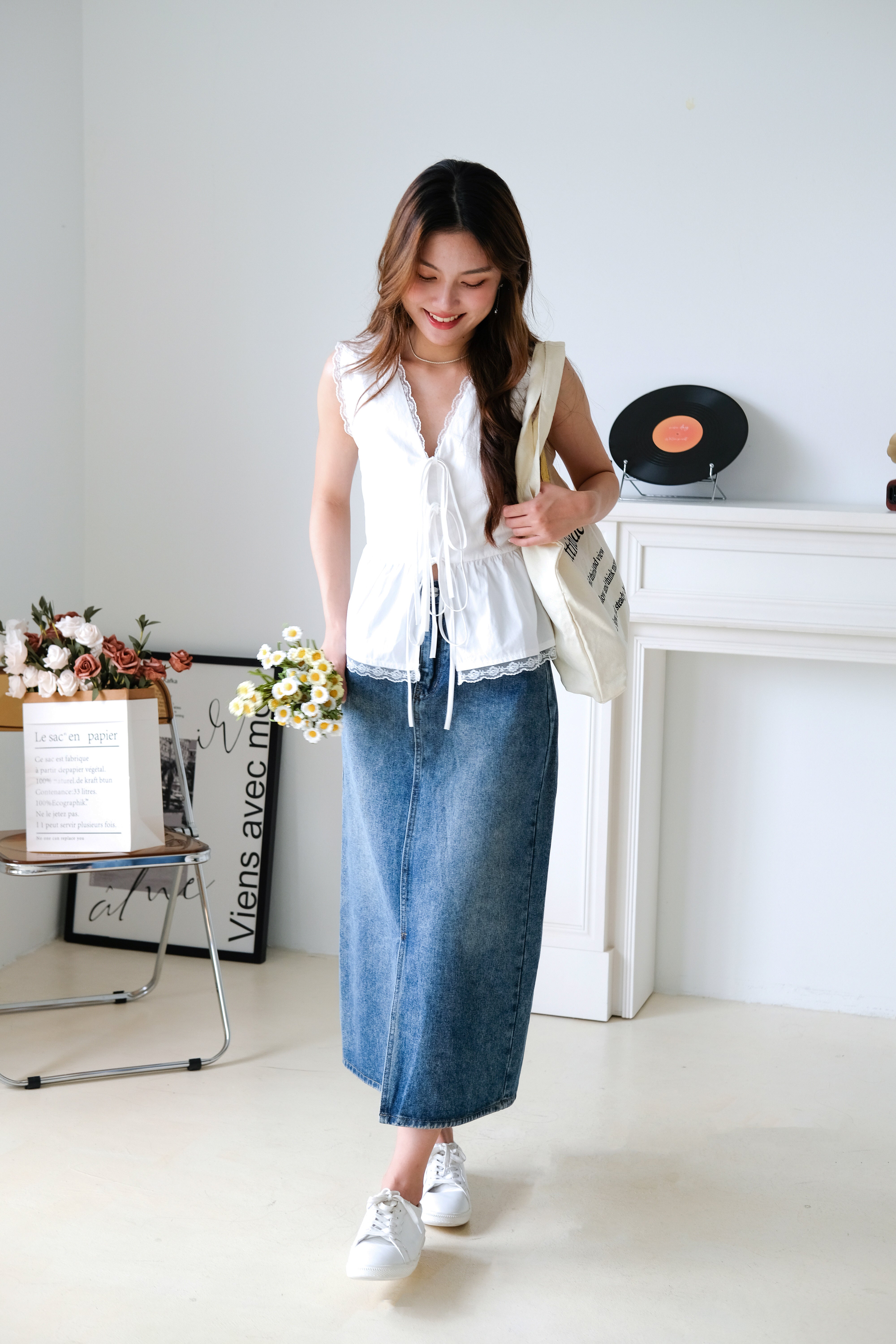 Jeanne Lace Drawstring Peplum Top (White)