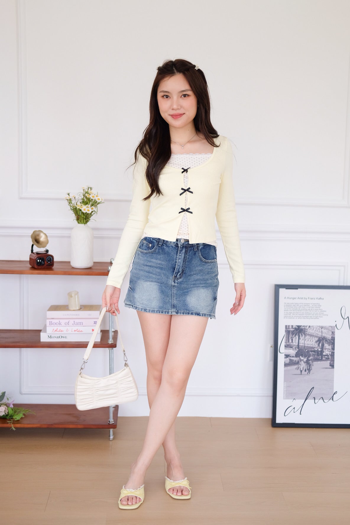 Ahyeon Contrast Polka Long Sleeve Top (Light Yellow)