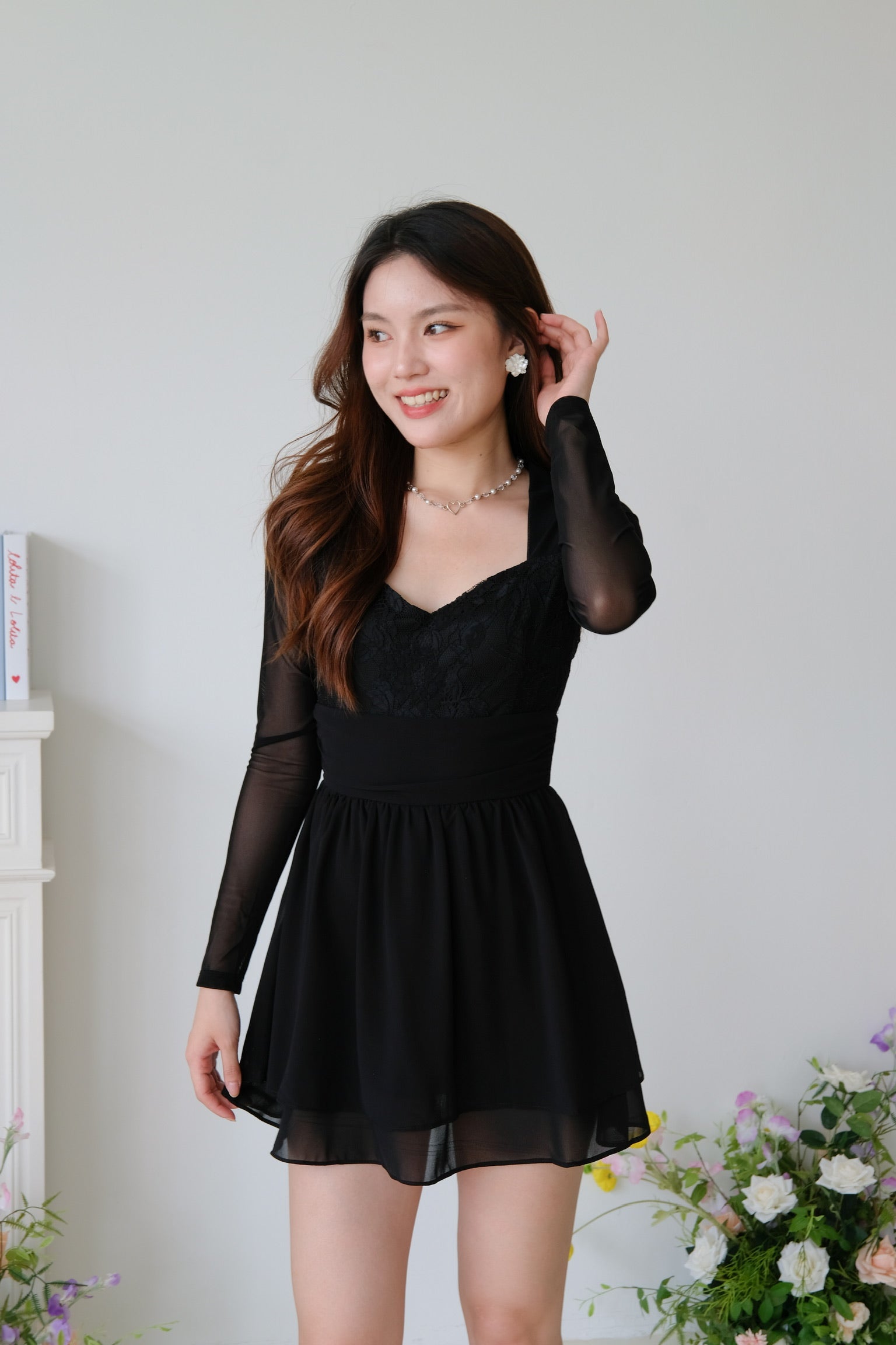 Casslene Long Sleeves Lace Dress (Black)