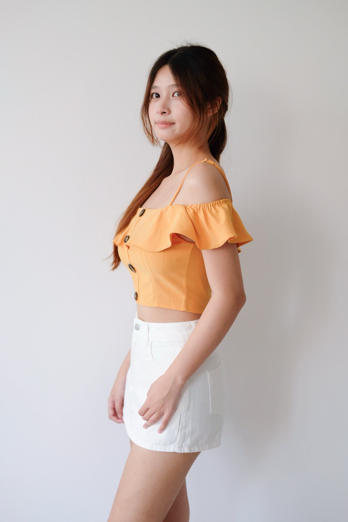 Orange Ruffle Strap Off-Shoulder Top
