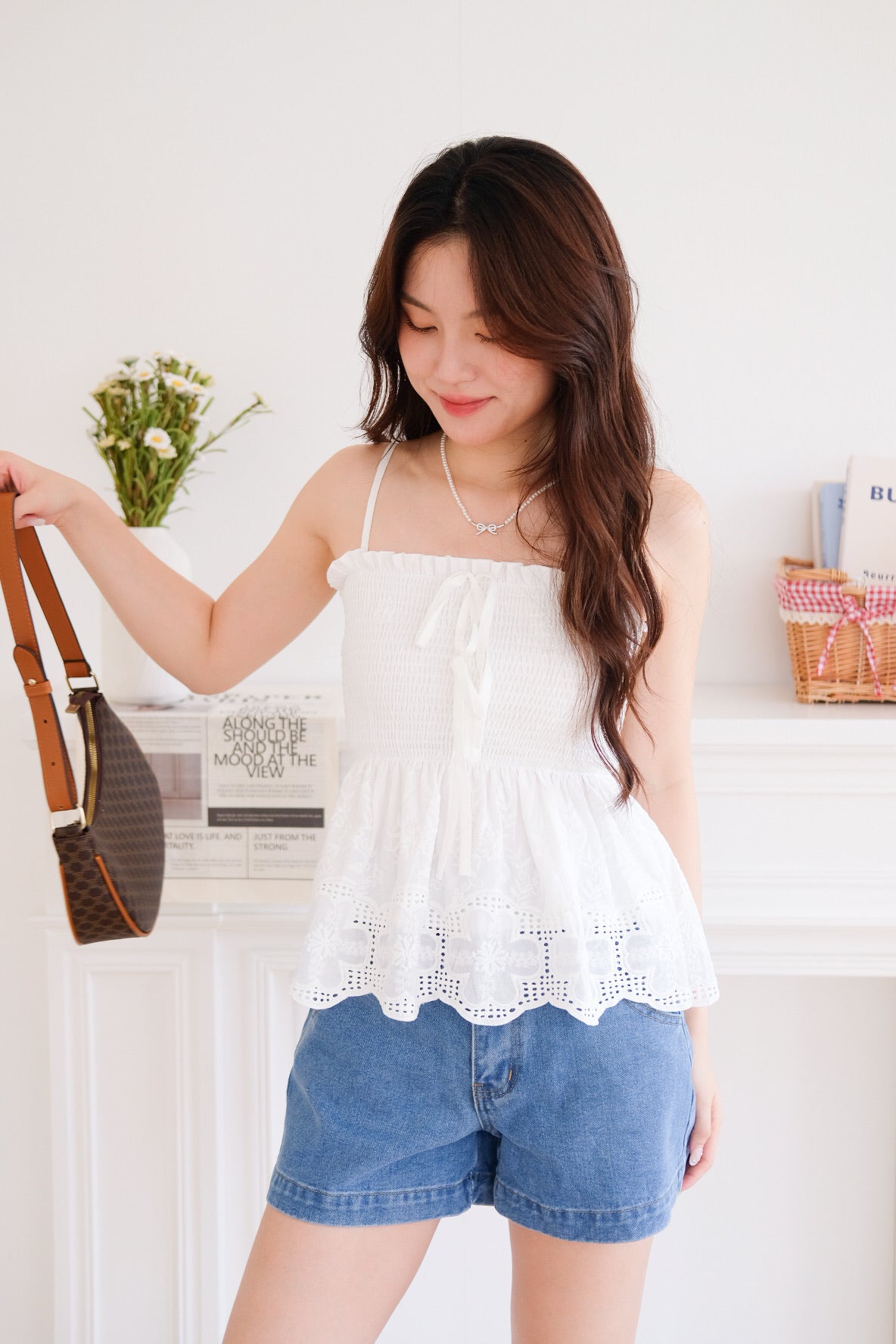 Selina Smocked Ribbon Eyelet Top (White)