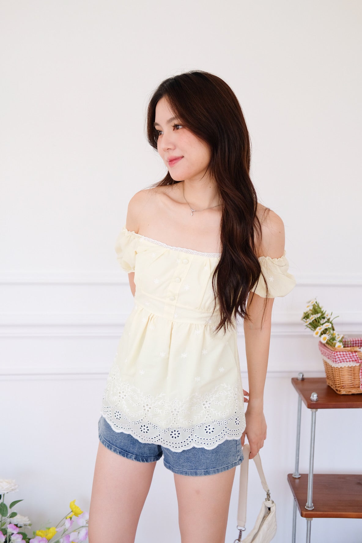 Kylin Eyelet Ruched Peplum Top (Sunshine Yellow)