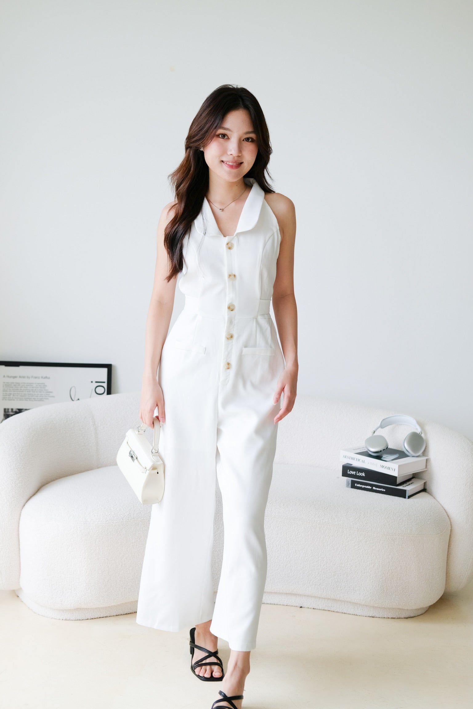 Day and Night Collared Long Jumpsuit (White)
