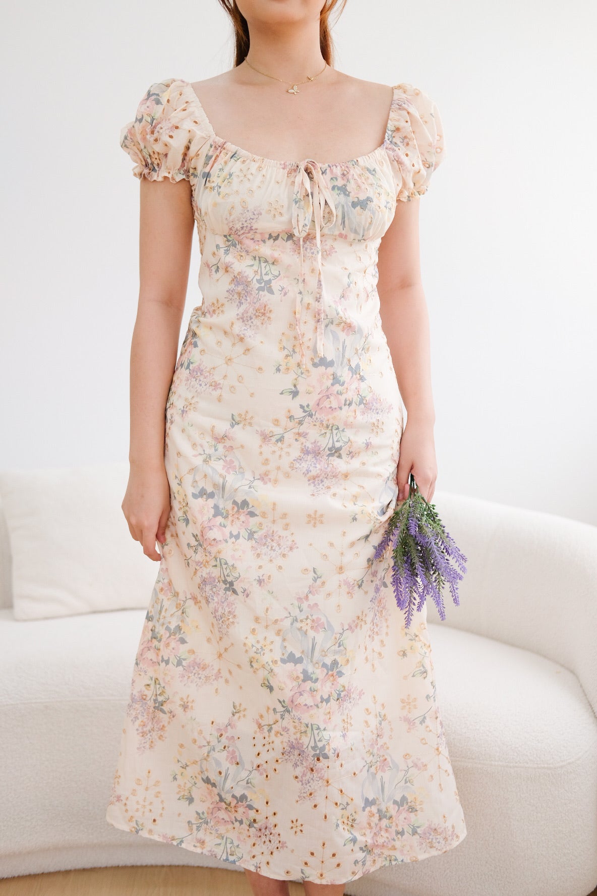 Beige Floral Ribbon Organza Midi Dress