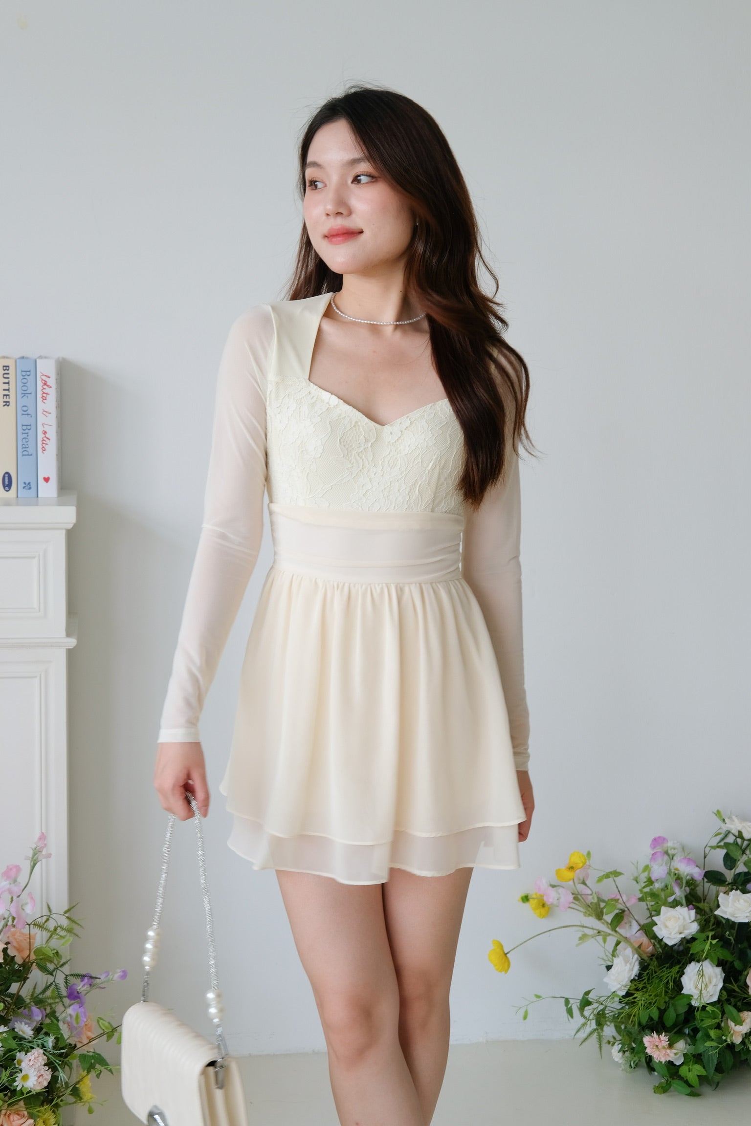 Casslene Long Sleeves Lace Dress (Pale Yellow)