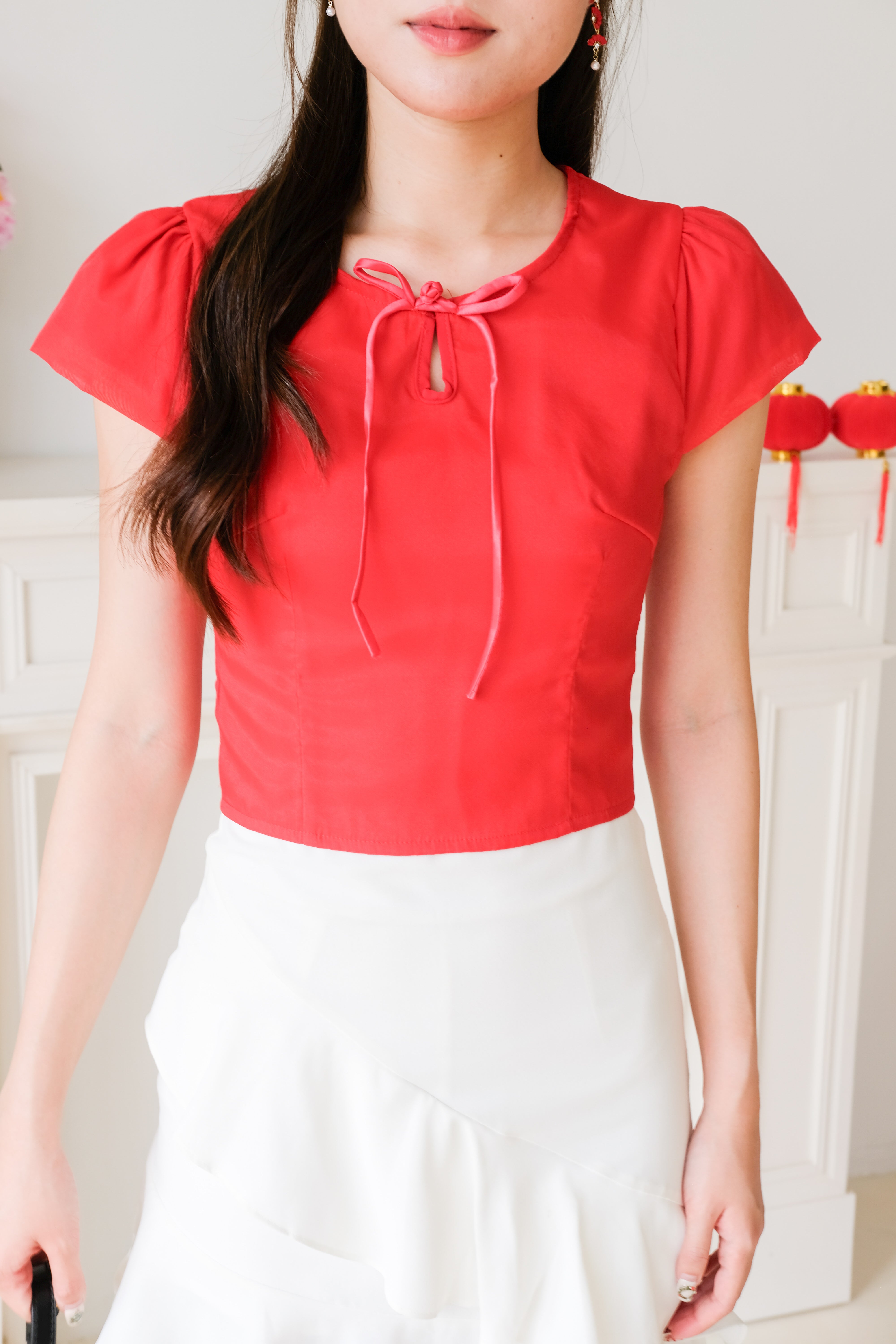 Arielle Cap Sleeves Crop Top (Red)