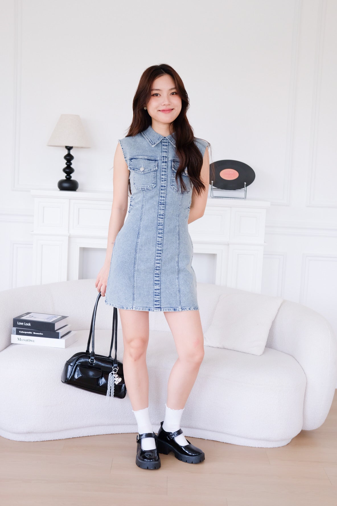 Zia Collared Denim Dress (Acid Light Blue)