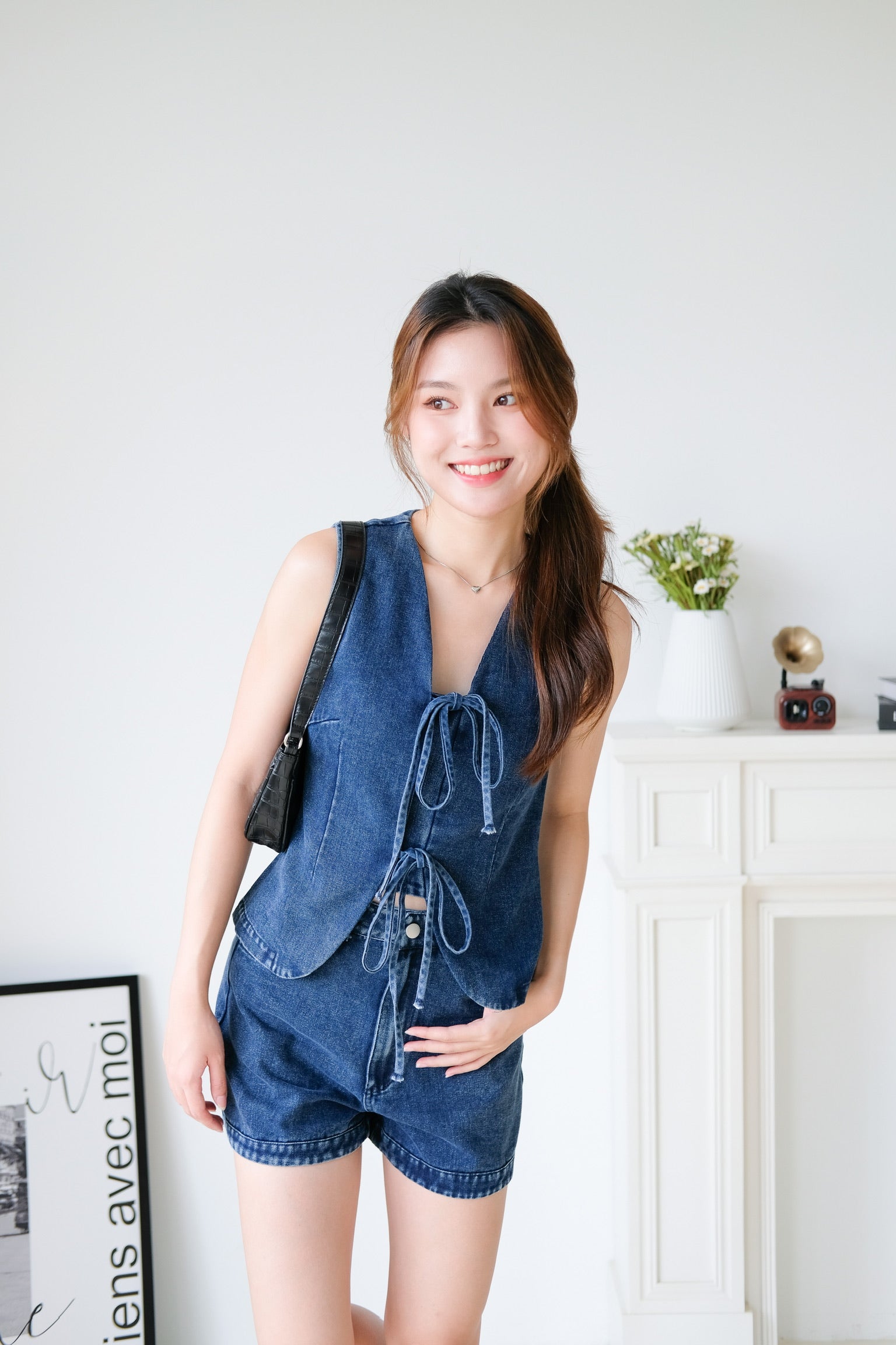 Sharlene Ribbon Denim Top (Dark Blue)
