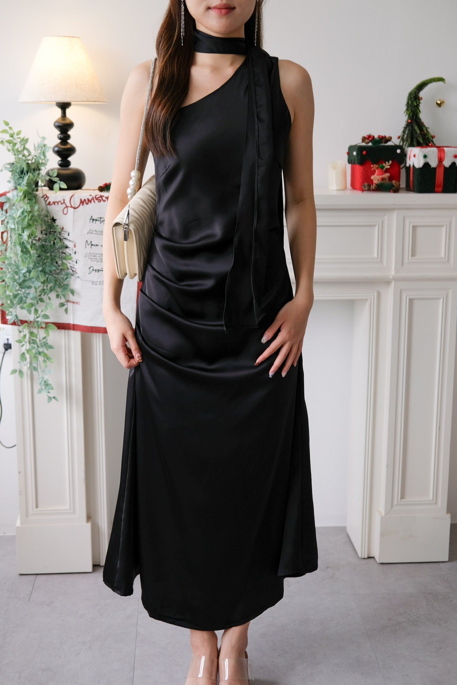 Caelyn Satin Toga Dinner Dress (Black)