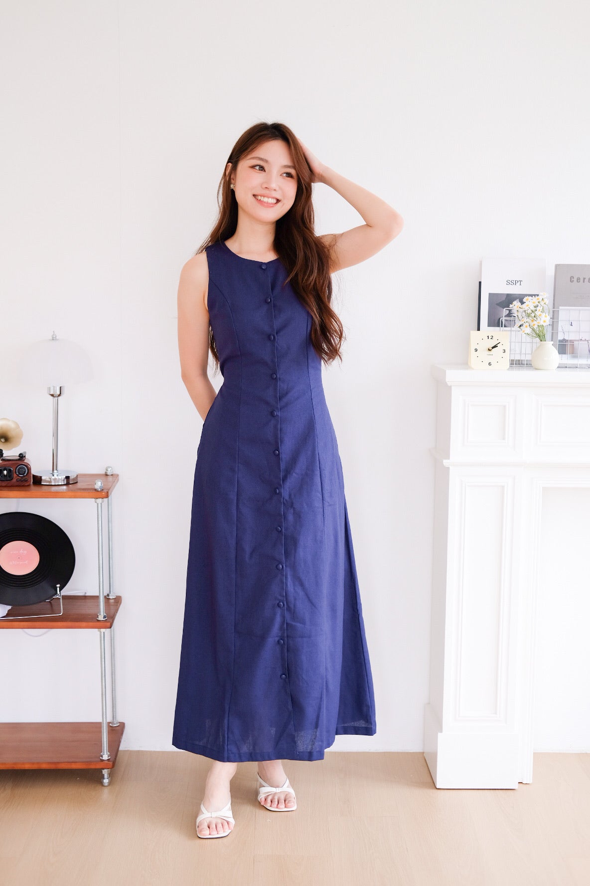Arlette Button Linen Maxi Dress (Navy Blue) [ ETA 13 Oct ]