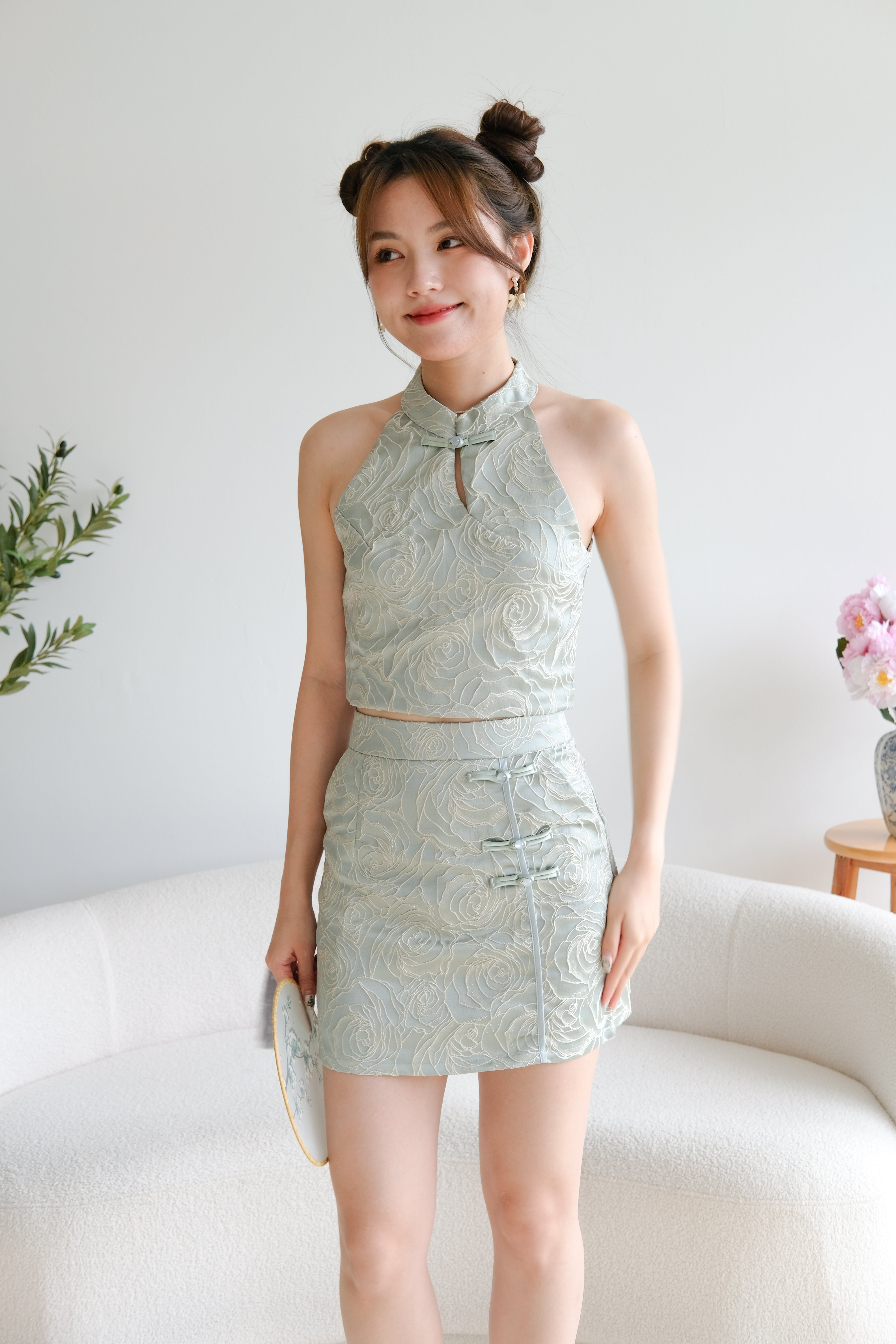 Yi Fei Roses Cheongsam Set (Light Pine Green)