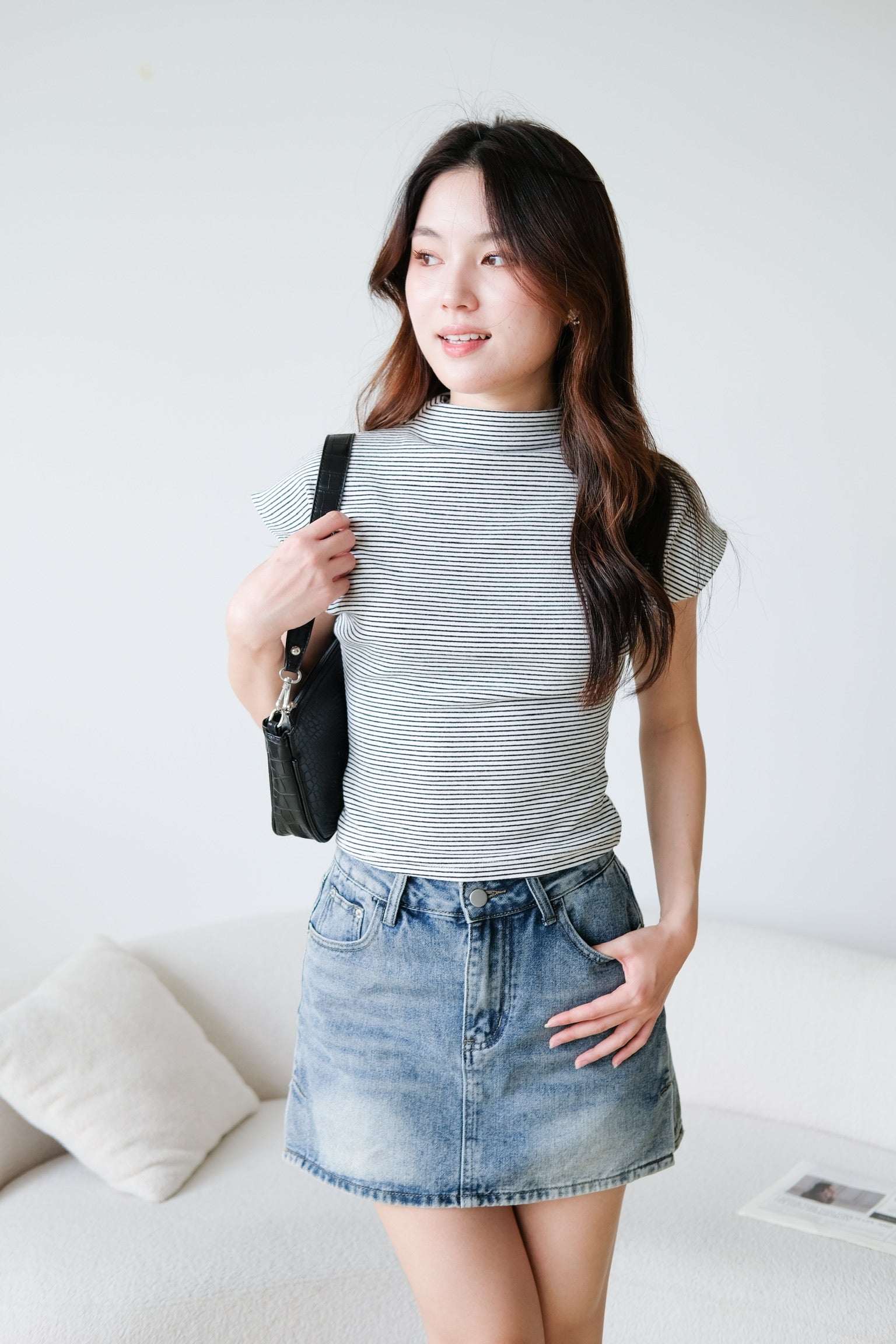 Lucca Batwing High Neck Shirt (White Stripes)