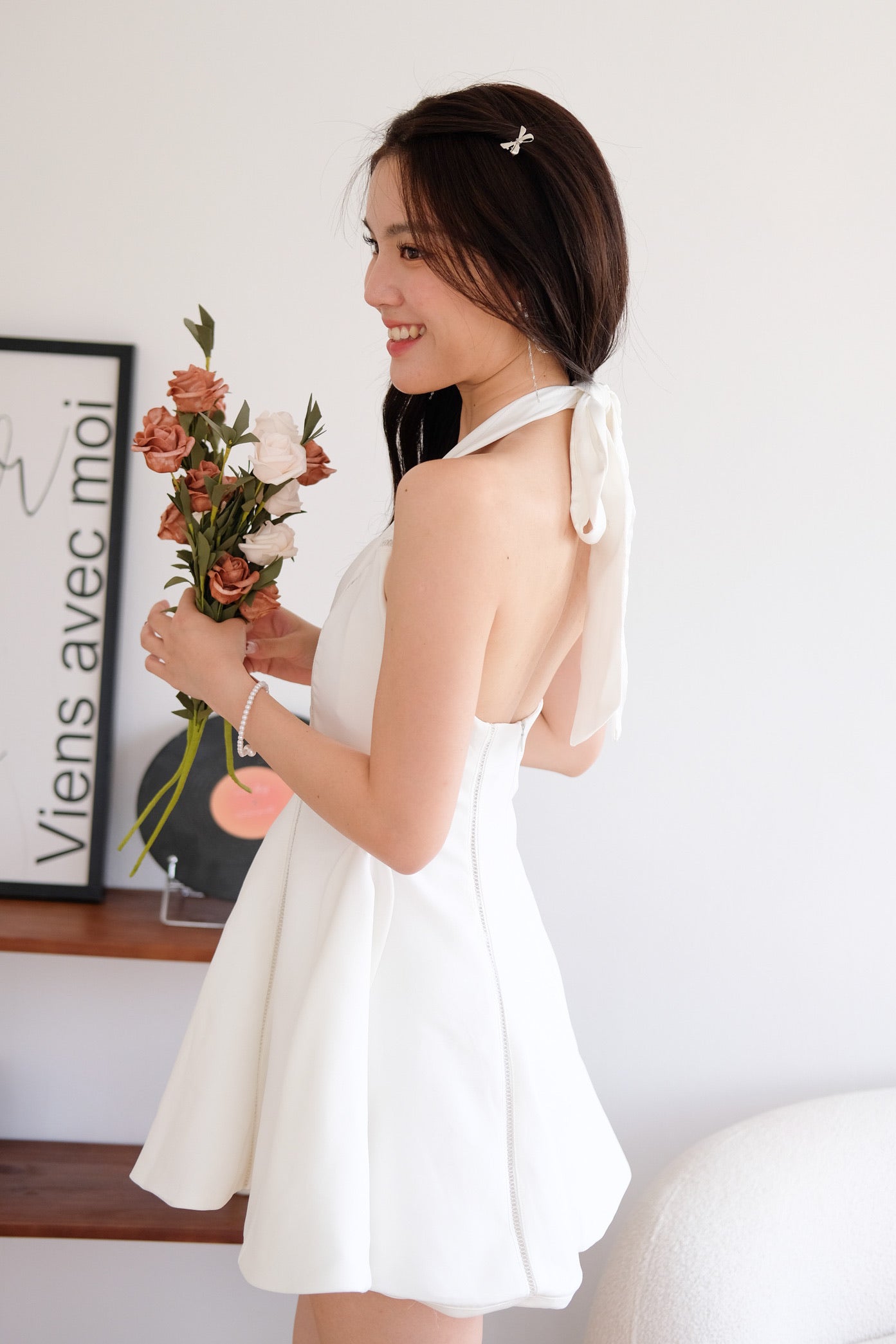 Violette Self Tie Halter Skater Dress (White)