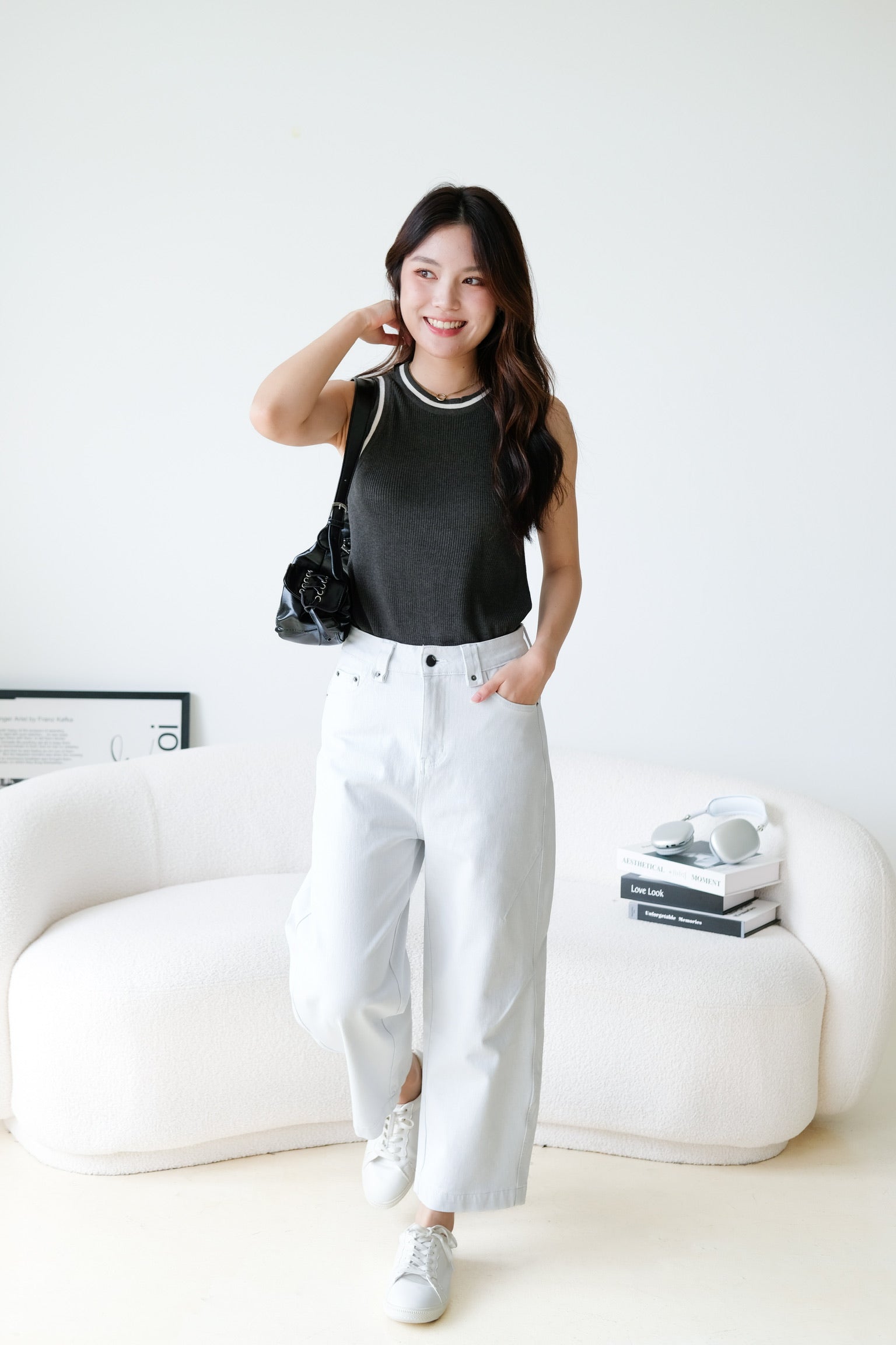 Kyara Contrast Knit Tank Top (Charcoal)