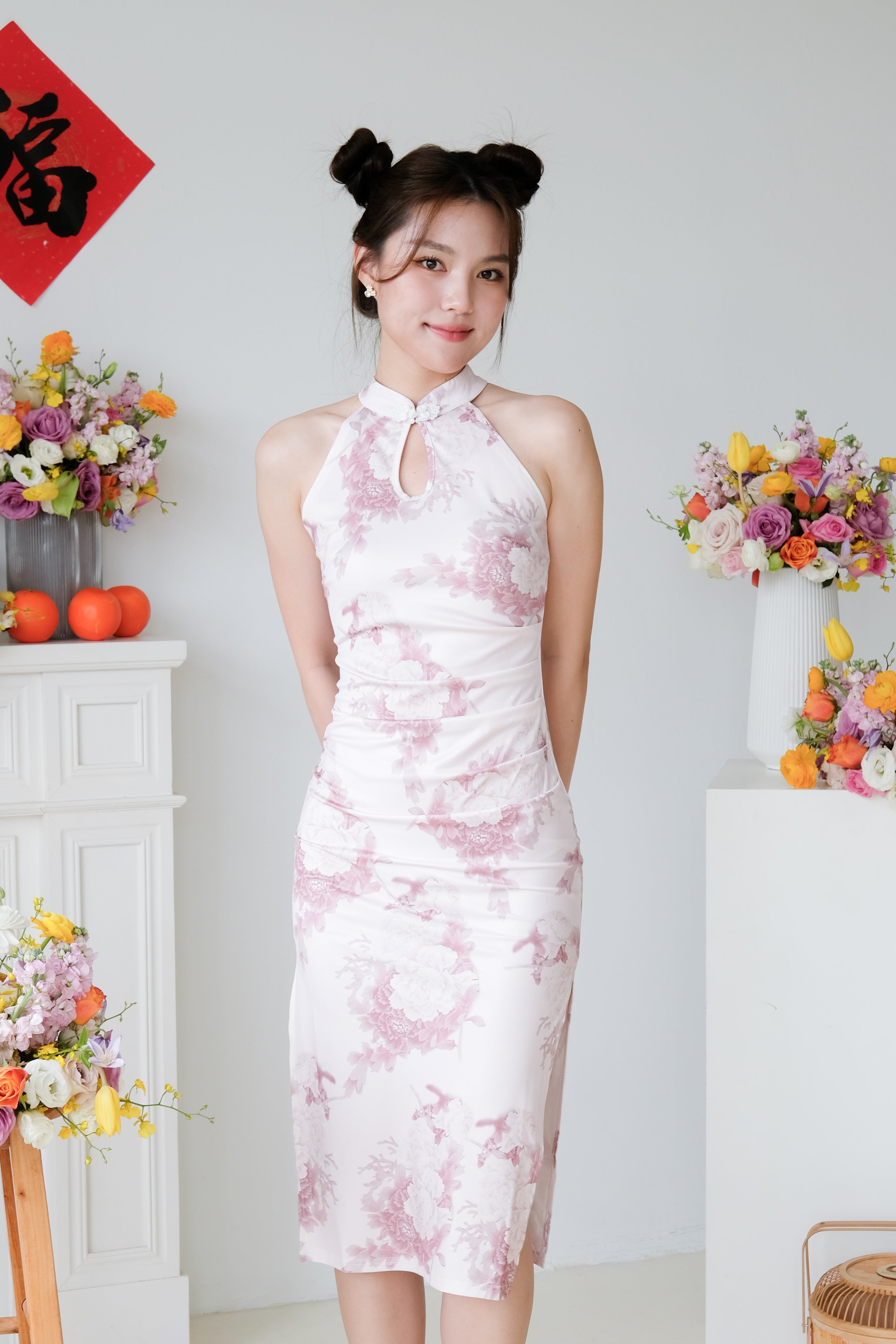 Hua Halter Slit Midi Cheongsam (Light Pink)