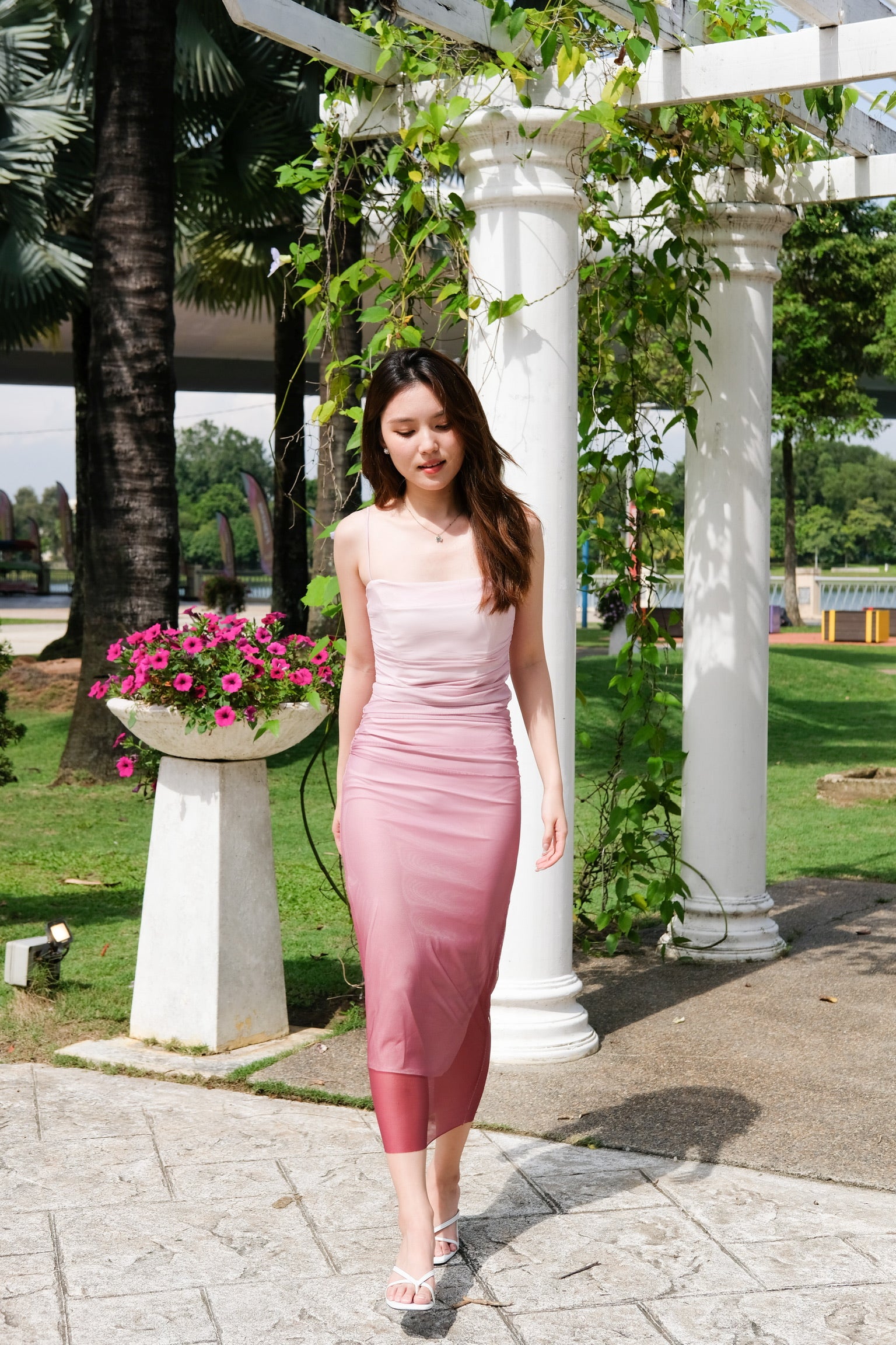 Chrystal Ruched Mesh Maxi Dress (Ombre Pink)